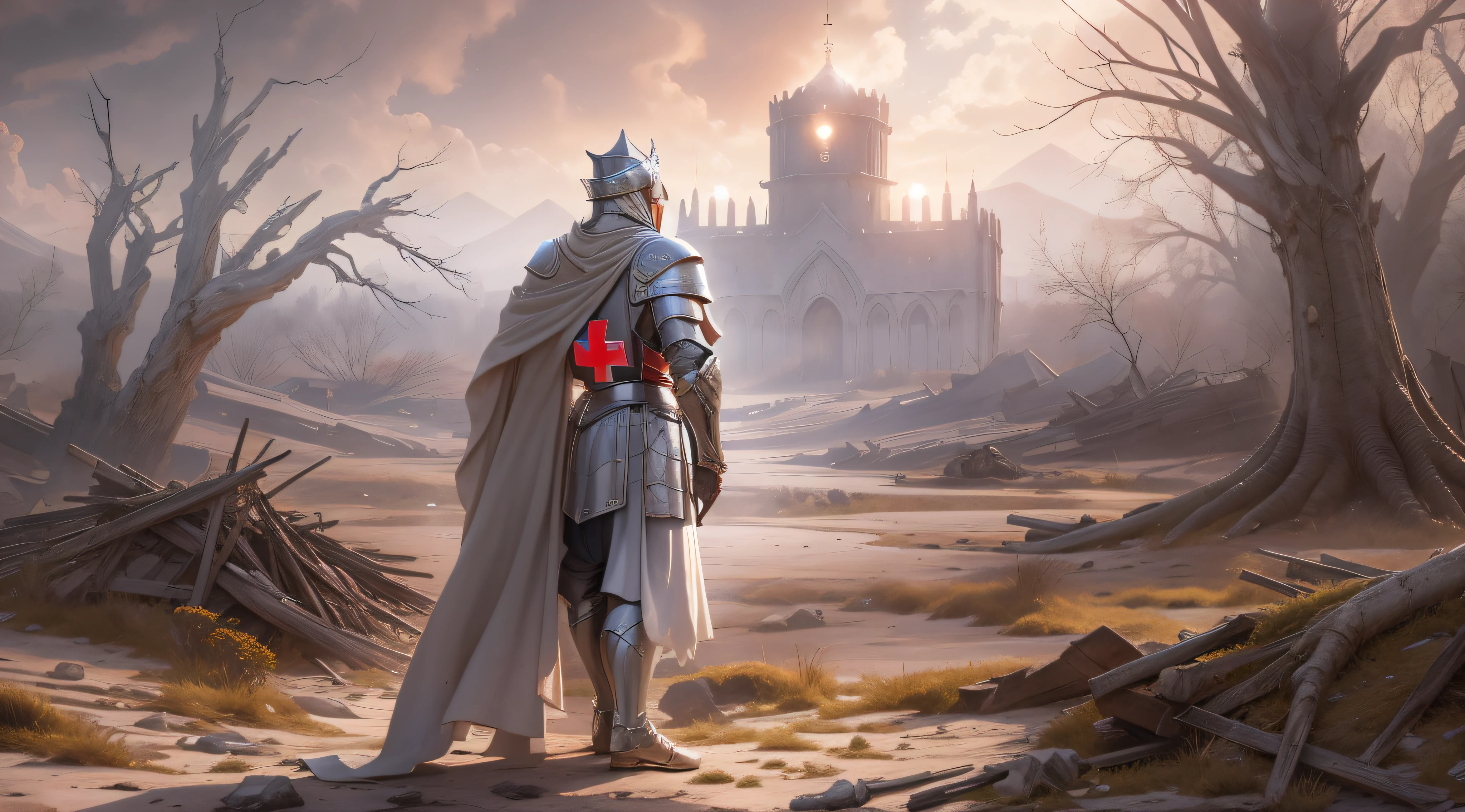 An imposing Knight Templar stands tall in a desolate landscape, vestindo uma armadura brilhante com uma cruz vermelha no peito. He wields a long sword and holds a shield adorned with the symbol of the Templars. no fundo, debris and smoke testify to past battles. Their posture conveys confidence and authority, while his eyes reveal determination., surrealismo, alto detalhe, cinematic lighting, Sony FE GM, reflexo de lente, f/1.8, 135mm, 35mm, first person view, ponto de fuga, Ultra HD, anatomicamente correto, 8k, premiado, melhor qualidade, alto detalhes