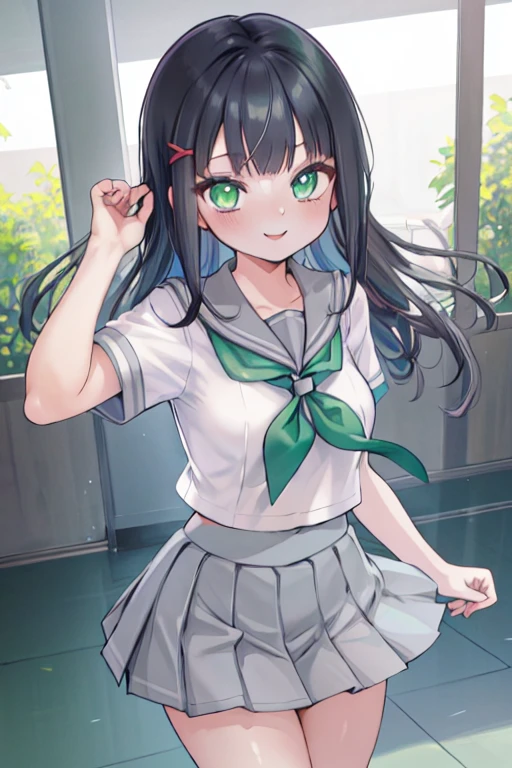 kurosawa dia, solo, kurosawa dia, green eyes, hair ornament, long hair, medium breasts, smile, uranohoshi , , short sleeves, pleated skirt, white serafuku, neckerchief, grey skirt, grey sailor collar, tie clip, green neckerchief,