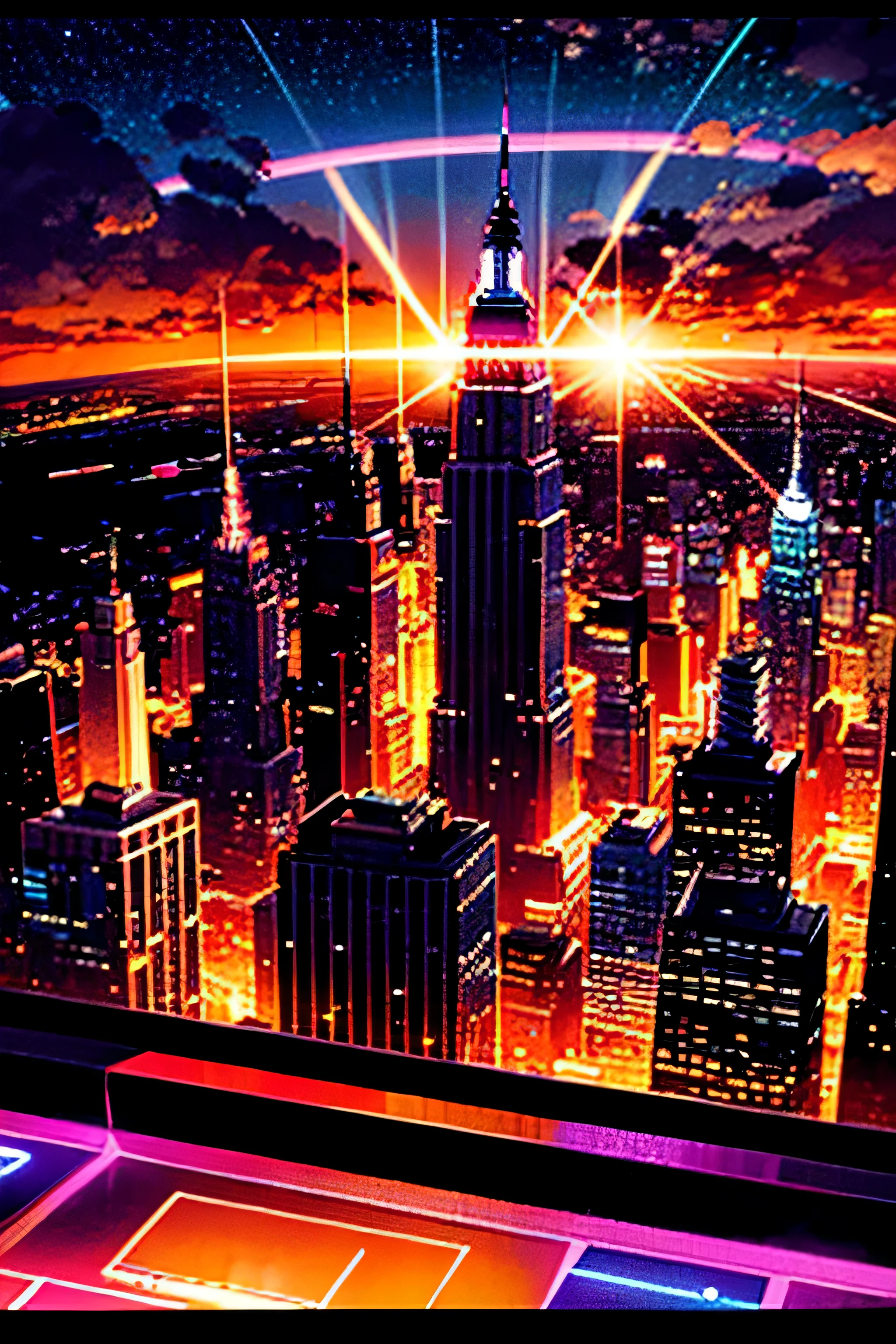 An evening scene of a city at sunset, Empire States Building, in the style of retrowave, crisp neo-pop illustrations, celestialpunk, new york city scenes, datamosh, electric color schemes, kerem beyit, --ar 2:3