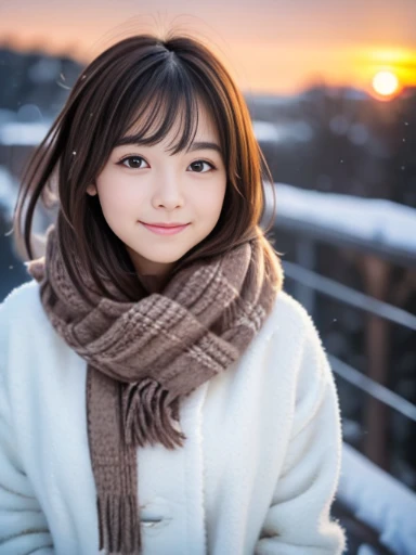 (Close up portrait of slender girl with twin-tailed hair in winter uniform with white winter coat and gray scarf :1.5)、(The girl looks back with a happy face:1.5)、(Girl's hair fluttering in the wind:1.5)、(Big sunset red sky covered with beautiful snow:1.5)、(Perfect Anatomy:1.3)、(No mask:1.3)、(complete fingers:1.3)、Photorealistic、Photography、masutepiece、top-quality、High resolution, delicate and pretty、face perfect、Beautiful detailed eyes、Fair skin、Real Human Skin、pores、((thin legs))、(Dark hair)