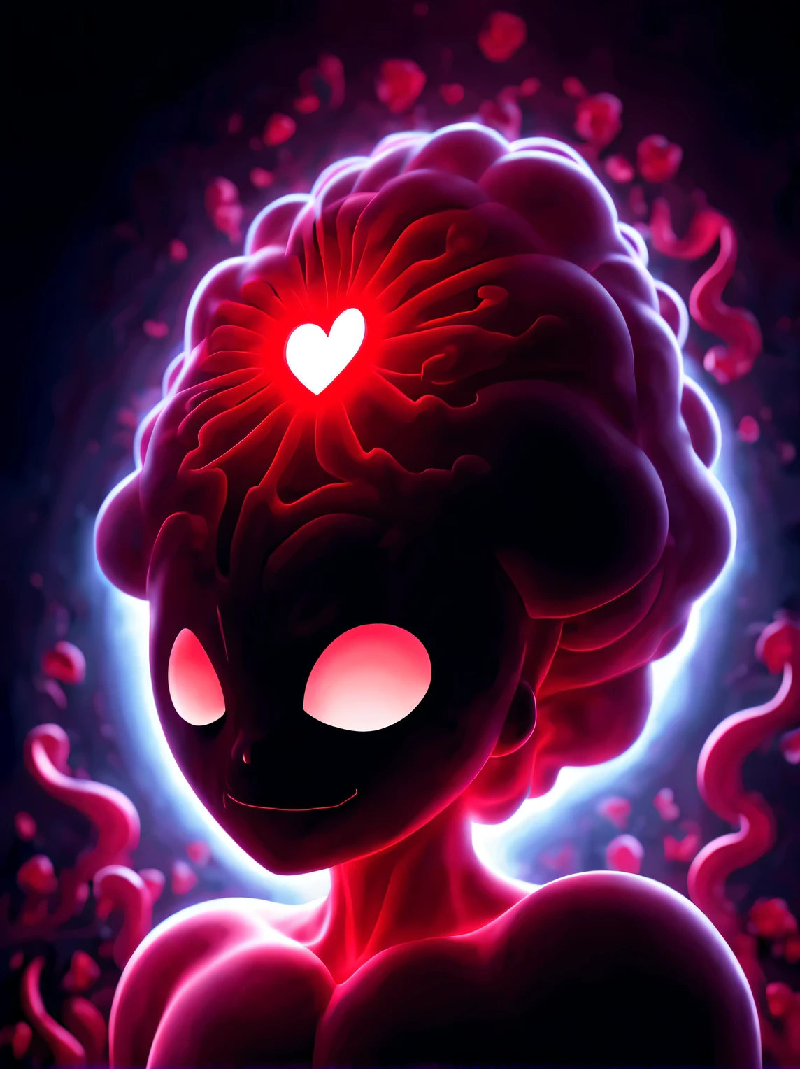 (Hidden in the dark red ventricle is a very small, closed eye.: 1.3), (a glowing heart，personified by evil laughter), background: Strong black upper body silhouette,
Black light art, cartoonish style, comic style, fantasy, 3d rendering, modern, Surrealism, Pixar,