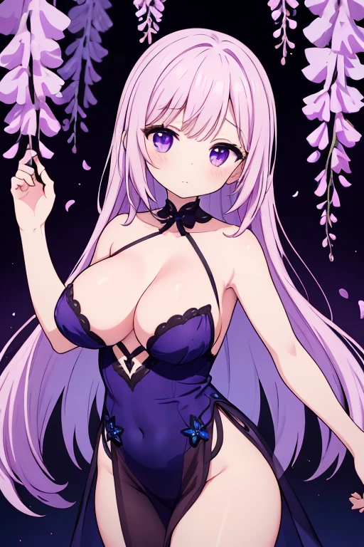 {{{{masterpiece}}}}, {{{super detailed}}}, {{{High resolution}}}, {{excellent anatomy}}, (((highest quality))), ((very delicate and beautiful)), {{very detailed and delicate}}, {8k cg wallpaper},((detailed background))One female、best style、beautiful woman、The most beautiful woman in the world、Purple flowers are blooming on the purple lake surface, soft purple glow, Purple light, (purple wisteria forest), wisteria season, art, shining purple, Purple petals are dancing everywhere、 The blossoming path to heaven, purple glow、Purple water、purple reflective water surface、purple light、(Sexy sheer dress:1.5),((big breasts))、show through、waterside and wisteria、Detailed design、beautiful design、sexy pose、Sheer skin、shape of nipple
