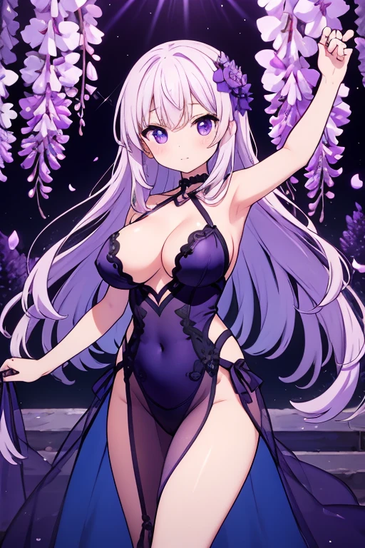 {{{{masterpiece}}}}, {{{super detailed}}}, {{{High resolution}}}, {{excellent anatomy}}, (((highest quality))), ((very delicate and beautiful)), {{very detailed and delicate}}, {8k cg wallpaper},((detailed background))One female、best style、beautiful woman、The most beautiful woman in the world、Purple flowers are blooming on the purple lake surface, soft purple glow, Purple light, (purple wisteria forest), wisteria season, art, shining purple, Purple petals are dancing everywhere、 The blossoming path to heaven, purple glow、Purple water、purple reflective water surface、purple light、(Sexy sheer dress:1.5),((big breasts))、show through、waterside and wisteria、Detailed design、beautiful design、sexy pose、Sheer skin、shape of nipple