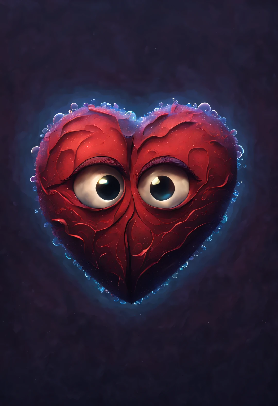 （The eyes are hidden in the dark red ventricles, Has a little cartoon crescent-shaped eye.：1.3），（Shining clear simple heart），Black light art，cartoonish style，comic style ，fantasy，，3d rendering，, modern, Surrealism，Pixar