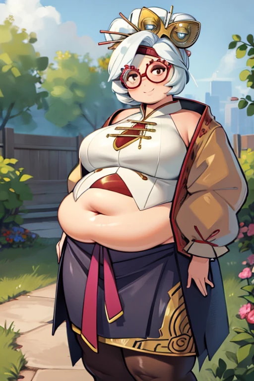 masterpiece, best quality, obese purah, red glasses, hair ornament, hair stick, red headband, white shirt, white jacket, black skirt, orange leggings, large breasts, looking at viewer, entrance, garden, upper body, smile, obese body, thick thighs, fat belly, fat arms, obese shape body