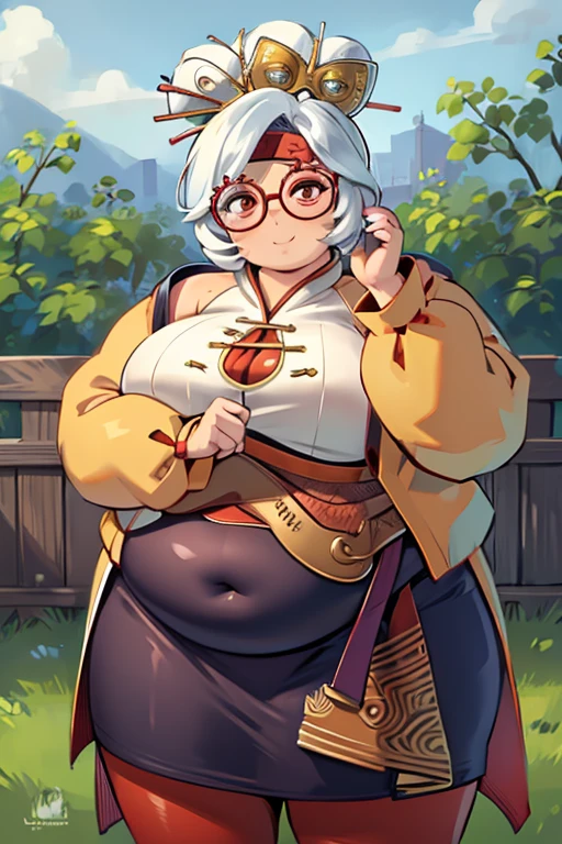 masterpiece, best quality, obese purah, red glasses, hair ornament, hair stick, red headband, white shirt, white jacket, black skirt, orange leggings, large breasts, looking at viewer, entrance, garden, upper body, smile, obese body, thick thighs, fat belly, fat arms, obese shape body