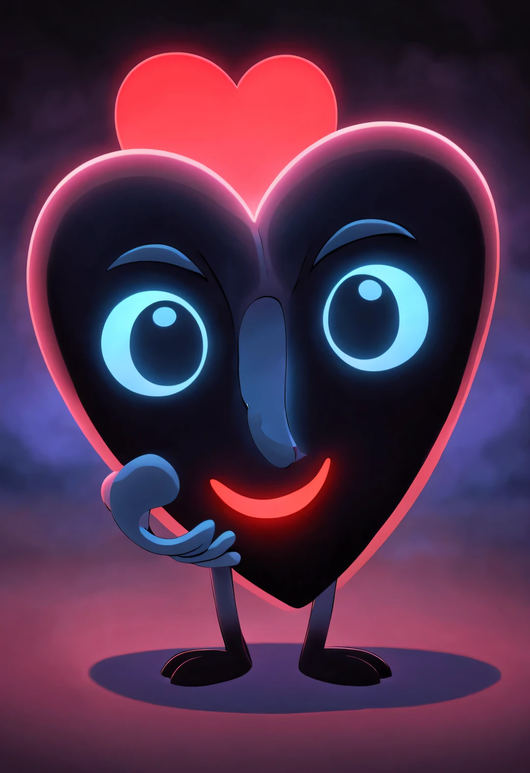 （There is a small cartoon crescent-shaped eye hidden in the red ventricle.：1.3），（Glowing clear simple heart shape：0.9），Black light art，cartoonish style，comic style ，fantasy，，3d rendering，, modern, Surrealism，Pixar