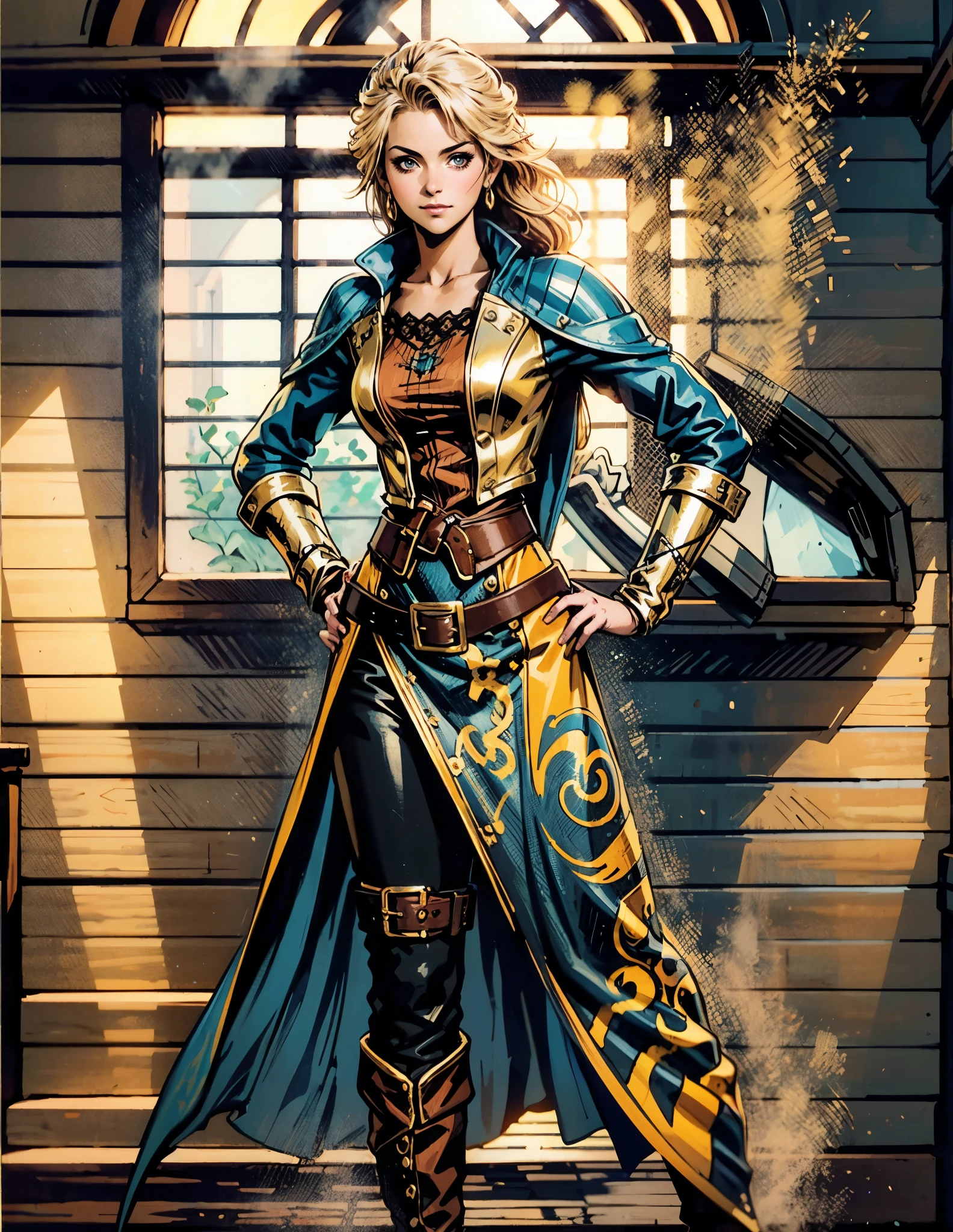 A beautiful woman with flowing orange long hair, exquisite facial features, a playful smile, confident eyes, a tall figure, a two-piece fantasy-style pirate robe coat, yellow as the main color, complemented by red accents, long wrist guard gloves on her hands, a gold belt around her waist with a short hem, leather pants, knee-high boots, standing with her hands on her hips in front of a fantasy medieval-style port tavern, this character embodies a finely crafted fantasy-style female pirate in anime style, exquisite and mature manga art style, high definition, best quality, highres, ultra-detailed, ultra-fine painting, extremely delicate, professional, anatomically correct, symmetrical face, extremely detailed eyes and face, high quality eyes, creativity, RAW photo, UHD, 8k, Natural light, cinematic lighting, masterpiece-anatomy-perfect, masterpiece:1.5