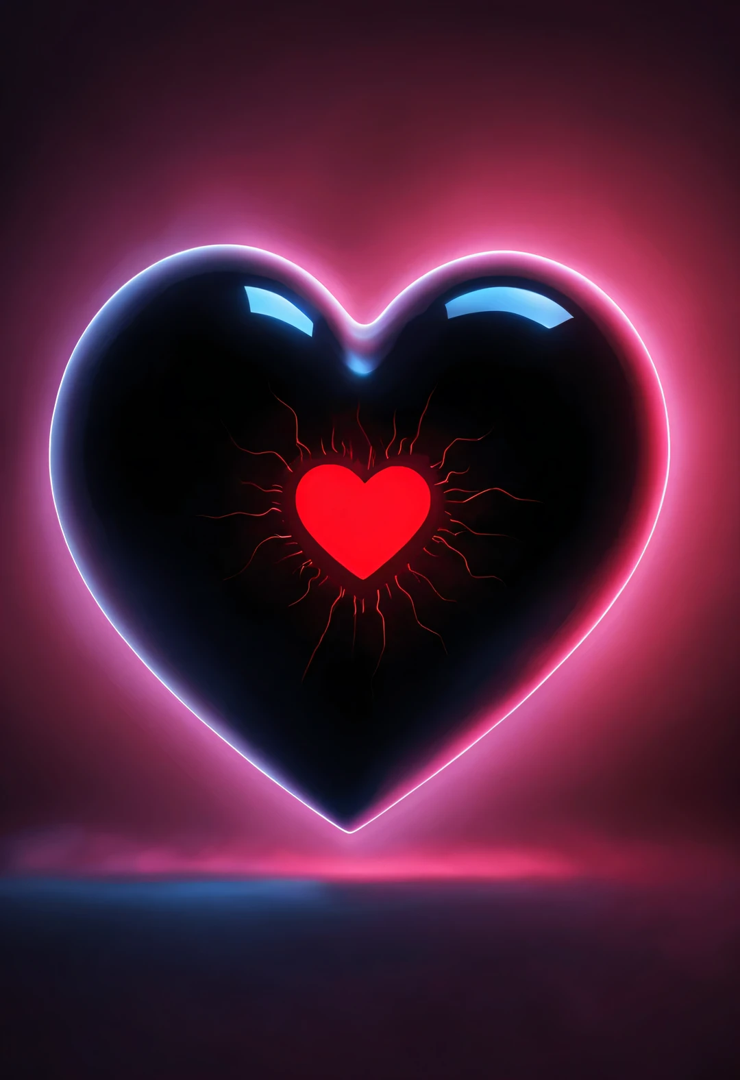 （There is only one cartoon minimalist squinting little eye hidden in the red ventricle.：1.3），（Glowing clear simple heart shape：1.3），Black light art，cartoonish style，comic style ，fantasy，，3d rendering，, modern, Surrealism，Pixar