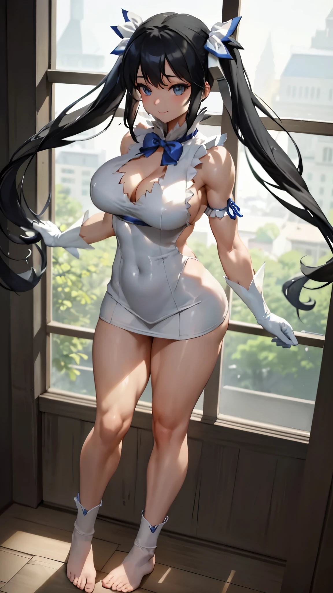 (artwork, best quality, extremely detailed CG, beautiful detailed eyes, ultra-detailed, {{{in the motel room}}}, intricate details: 1,2), 8k wallpaper, elaborate ets, (1 girl , Alone: 1.4), standing, (anime style textures), Very high resolution, (vibrant colors, dynamic lighting: 1.0), (high contrast: 0.8), cookie (Danmachi), breong hair, blue ribbon , (twintails), gloves, ribbon, dress, king no, lust, big sts, black hair, (slim), white gloves, cleavage, white dress, han, bow, sleeves, sleeves dress, bangs, cleavage cropped, hair ornament, cut-out clothes, very Long hair, level dressing, arm ribbon, (whole body: 1.1), smile, cute, muscular legs, muscular belly, pants, standing, barefoot