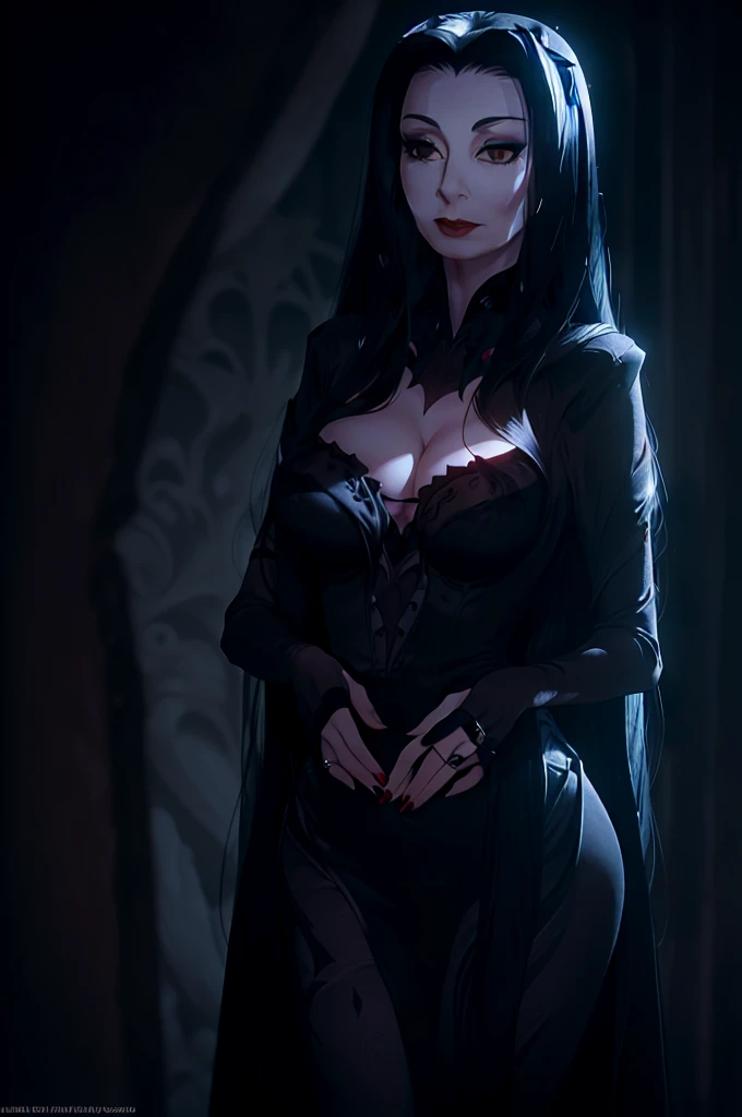 Morticia Addams, wearing tight transparent black dress cleavage showing, pale white skin, black hair, beautiful detailed eyes, luscious big round breasts, slim waist, wide hips, perfect slim body, tight ass, tight buttocks, breasts on display, beautiful detailed hands; PhotoRealistic, Ultrarealistic, highres, 8k, dark cinematic lighting; crypt in background, night time, disrobe