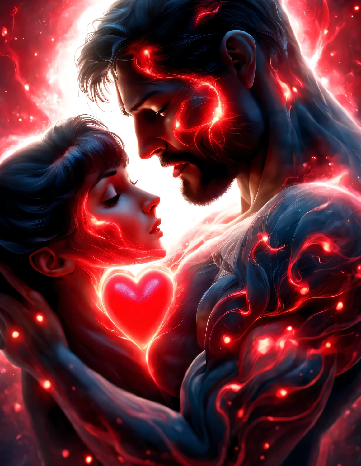 （Man giving woman huge glowing red heart），（A floating one, A huge red light dances in the center of the screen..：0.85），（Tom Hardy and Audrey Hepburn）（Hug face to face，share a huge heart），Black light art，sharp focus，Toned muscles，Background human upper body muscles， fantasy，Reality，cartoon，3d rendering，Super fine, Eighth Route Walker, Behavioral Contest Winners, vanity, trumpet, modern, 超Reality主义