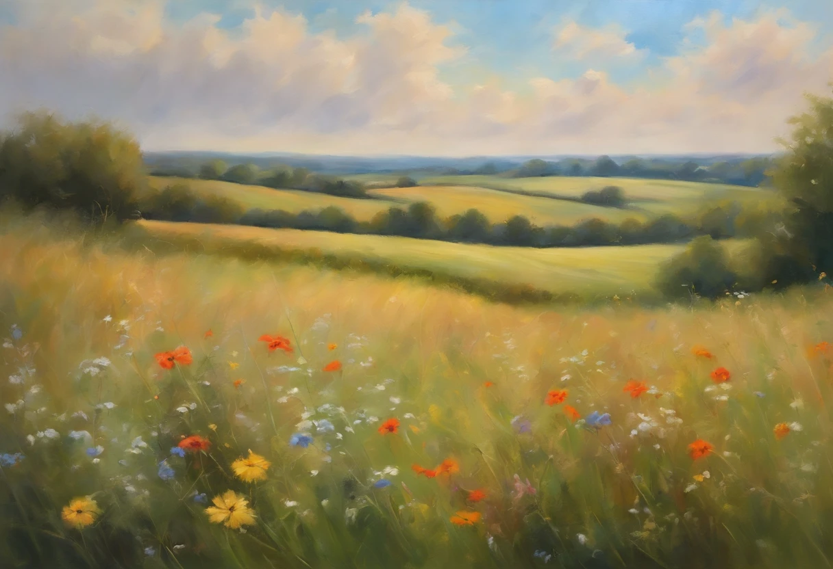 painting of a field with wildflowers and clouds in the background, summer meadow, large pastel, sunny meadow, summer field, airy landscape, pastel style painting, by Helen Dahm, by Zofia Stryjenska, impressionistic brushwork, painterly brushwork, pastel artwork, bright summer day, meadow, summer landscape, pastel art, in a meadow
