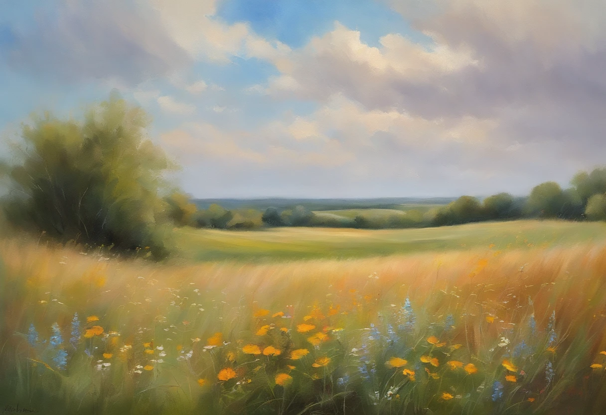 painting of a field with wildflowers and clouds in the background, summer meadow, large pastel, sunny meadow, summer field, airy landscape, pastel style painting, by Helen Dahm, by Zofia Stryjenska, impressionistic brushwork, painterly brushwork, pastel artwork, bright summer day, meadow, summer landscape, pastel art, in a meadow
