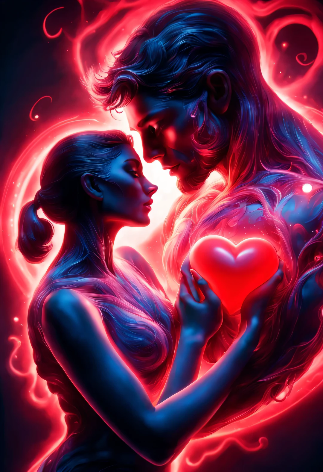 （A glowing red heart for a man giving a woman a floating oversized ethereal love atom heart glowing red beat in the center of the frame.：0.85），（Tom Hardy and Audrey Hepburn）（Hug face to face，share a huge heart），Black light art，sharp focus，Toned muscles，Background human upper body muscles， fantasy，Reality，cartoon，3d rendering，Super fine, Eighth Route Walker, Behavioral Contest Winners, vanity, trumpet, modern, 超Reality主义