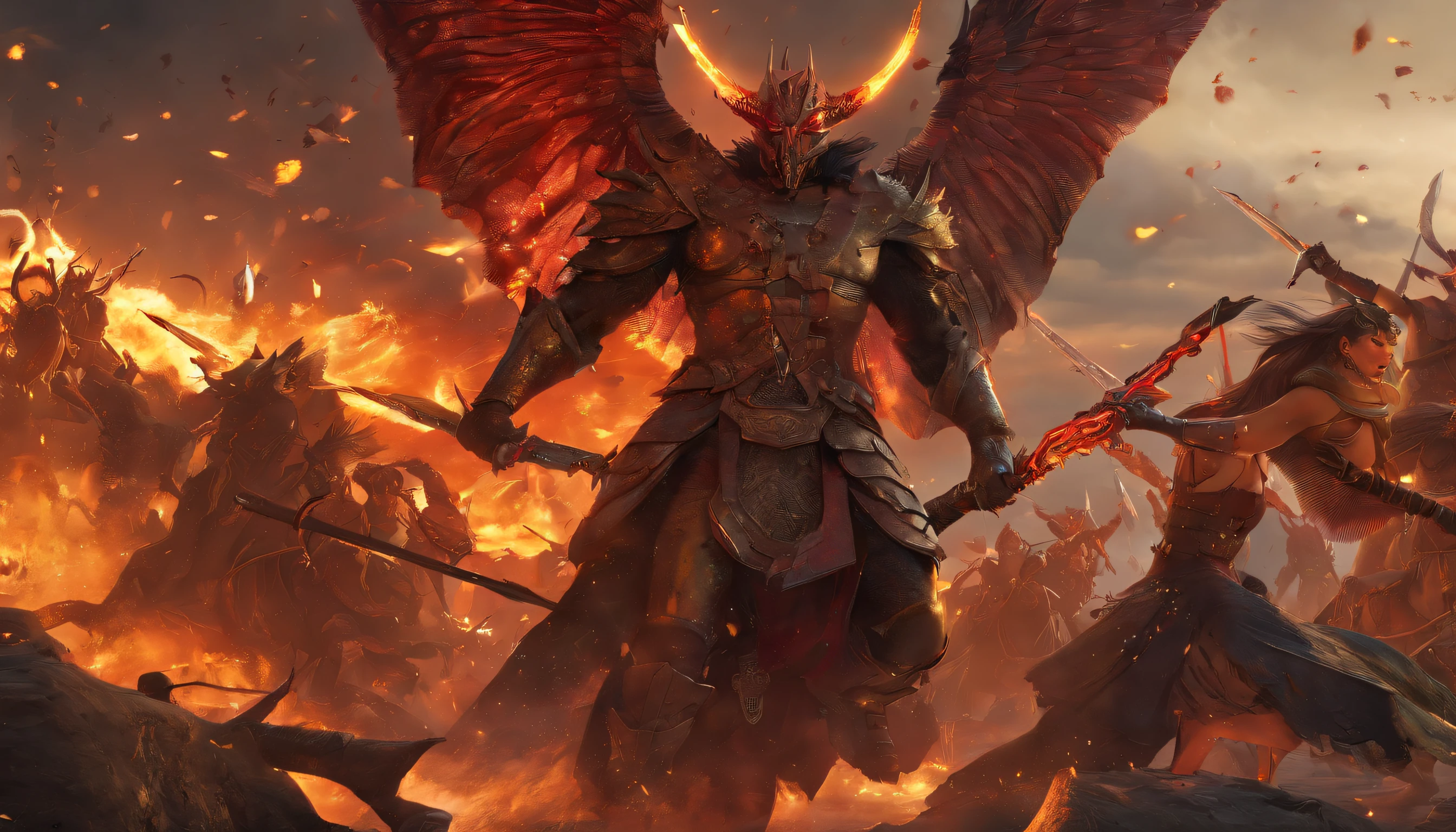 Point 1: Envision a gripping scene where a fearless, ordinary human confronts Satan in an epic battle. The battleground is a surreal fusion of earthly and infernal elements, with dark skies, fiery landscapes, and crumbling ruins.

Point 2: Dive into the details of the human character. Describe them as an embodiment of unwavering courage and determination. Their stance should exude strength and defiance, even in the face of the malevolent presence of Satan.

Point 3: Describe Satan with the utmost detail. Capture every sinister aspect of this iconic antagonist. Emphasize the dark, imposing figure, with fiery eyes, monstrous wings, and an aura of pure malevolence.

Point 4: Explore the dynamics of the battle. Depict the clash of these two formidable forces with utmost realism. Detail the weaponry, spells, or tactics used by both sides as they engage in a battle that shakes the very fabric of reality.

Point 5: Bring the realism of the artwork to the forefront. Describe the photorealistic style, where every intricate detail, from the texture of armor to the flicker of flames, is rendered with stunning precision.

Super Prompt: Craft a narrative around this intense battle. Who is the ordinary human, and what motivates their fearless stand? How does the victory over Satan symbolize the triumph of human resilience and the indomitable spirit in the face of insurmountable odds? Explore the emotional depth and significance of this epic confrontation.