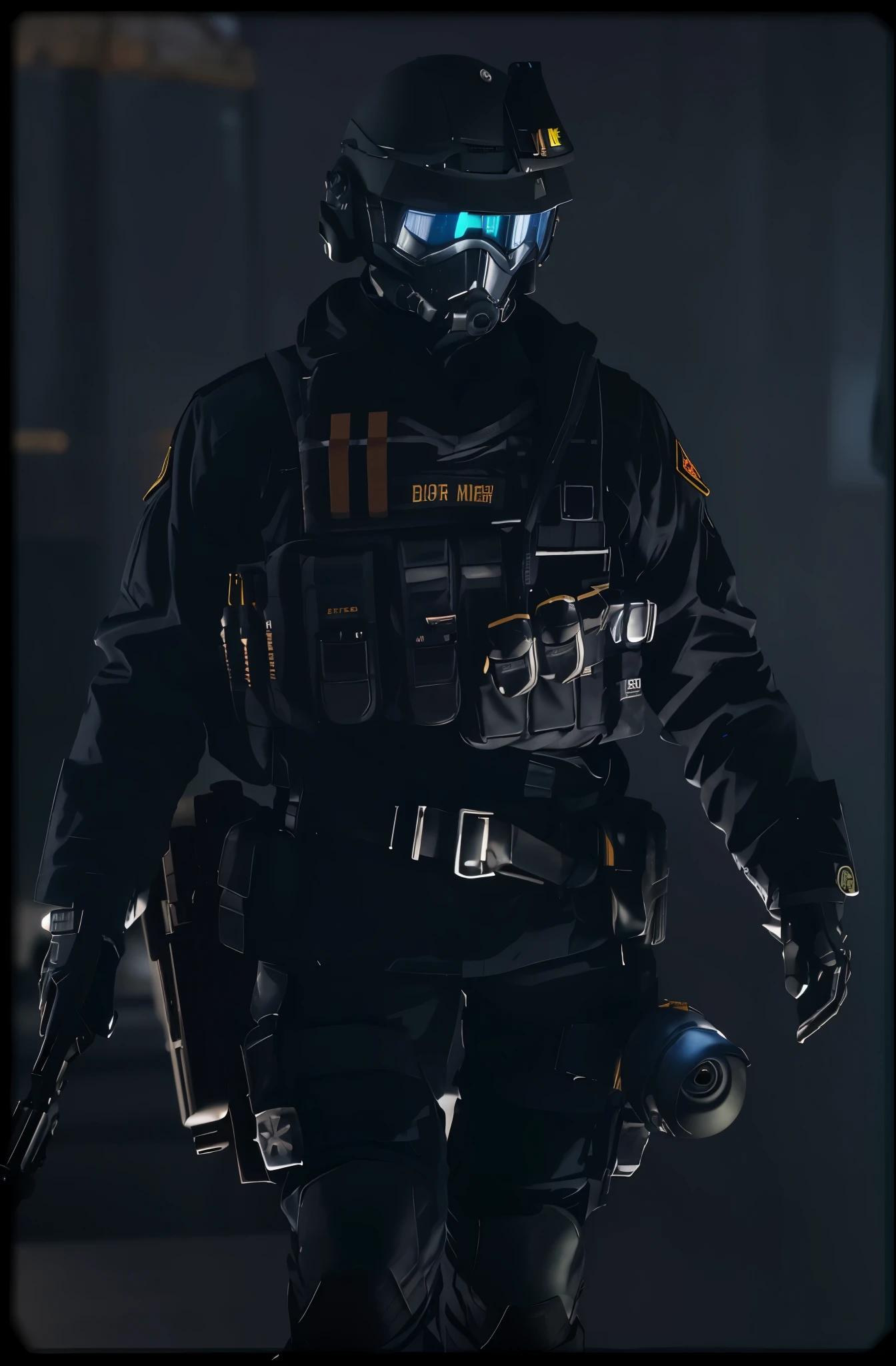 there is a man in a black suit and helmet walking, Arte conceitual como Ernest Khalimov, soldado ciberpunk, arte conceitual especializada em alto detalhe, CONCEITO ART-H 640, Irreal 5. Retrato de RPG, Roupa: policial, Helghast, roupa do futuro soldado, artista cg, in a dark space mercenary Roupa, in game capture 3d render.Change your helmet to a military helmet,Also change the glasses to night vision goggles 