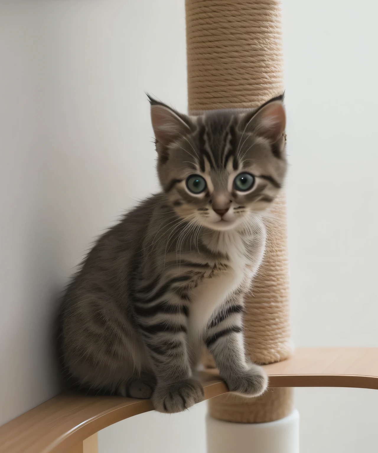 There is a kitten sitting on the cat tree, proud look, Scottish fold cat, High quality upload, proud look away, young women, scratching post, Female looks, 一只cute little cat, young male, miniature kitten, Shot with Sony alpha 9, Cute furry animals need your help, Julian Hatton, Catti-brie of Mithril Hall, a handsome guy, cute little cat