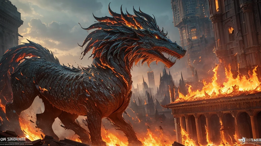 (in 8K, RAW Photos, top-quality, masterpiece:1.2), (realisitic, Photorealsitic:1.37), ultra-detailliert, high resolution, Huge Monster and sexy sorceress, building crumbling, Burning flame, stunningly beautiful face, dynamic ungle