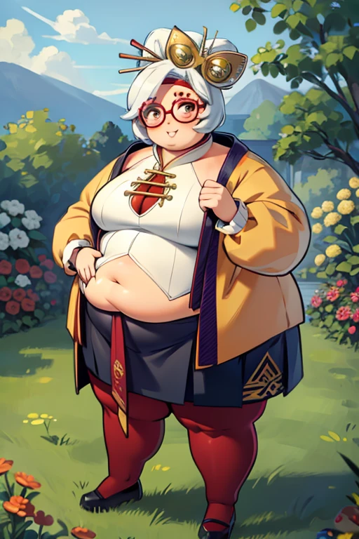 masterpiece, best quality, obese purah, red glasses, hair ornament, hair stick, red headband, white shirt, white jacket, black skirt, orange leggings, large breasts, looking at viewer, entrance, garden, upper body, smile, obese body, thick thighs, fat belly, fat arms, obese shape body