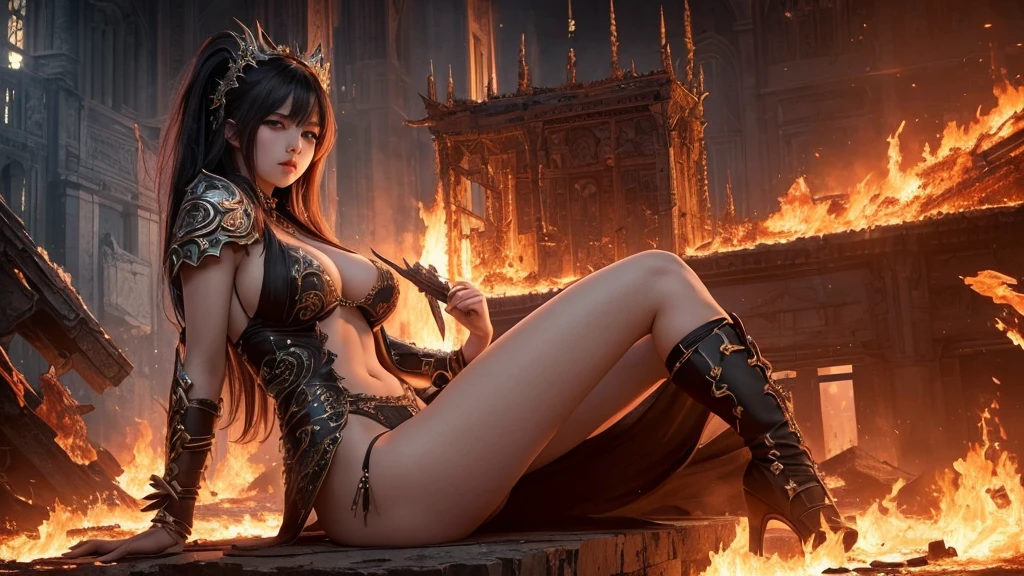 (in 8K, RAW Photos, top-quality, masterpiece:1.2), (realisitic, Photorealsitic:1.37), ultra-detailliert, high resolution, Huge Monster and sexy sorceress, building crumbling, Burning flame, stunningly beautiful face, dynamic ungle