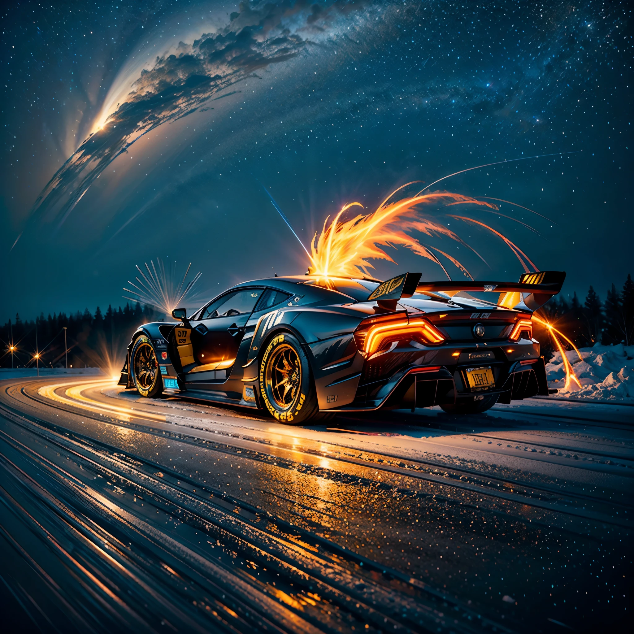 galaxy Nebula epic Sunset spacious hyper SunRise Start Racer Goal Auto_Racing_Circuit Race_Track deep path Equirectangular_360 Circuit UnrealEngine5 Ultra Masterpiece ultra_high-def ultra_Photo-realistic optimal ultra_high-quality opengl-shaders ultra_high-details accurate reflex ultra_high-res perfection volumetric Cinematic_Sunlight improved Octane_rendues UHD XT3 DSLR HDR 3dcg shadow analogiques extatiques symmetrical dazzling Will-o'-the-wisp global luminescence (((An boatmobile inspired ultra-realistic angelic neon metallic black silver and gold chrome race car designed on a icy surface road with snow falling and deep snow covers the ground and everything all around ))), best quality, ultra-detailed), race car, street racing-inspired, Drifting, LED, ((Twin headlights)), (((Bright neon color racing stripes Cristallines kit incandescente flash blow glow))), (Black racing wheels), Wheel spin showing motion, Show car in motion, Burnout, wide body, modified car, racing livery Lava varied multi etc. --v 6 --s 1000 --c 20 --q 20 --chaos 100