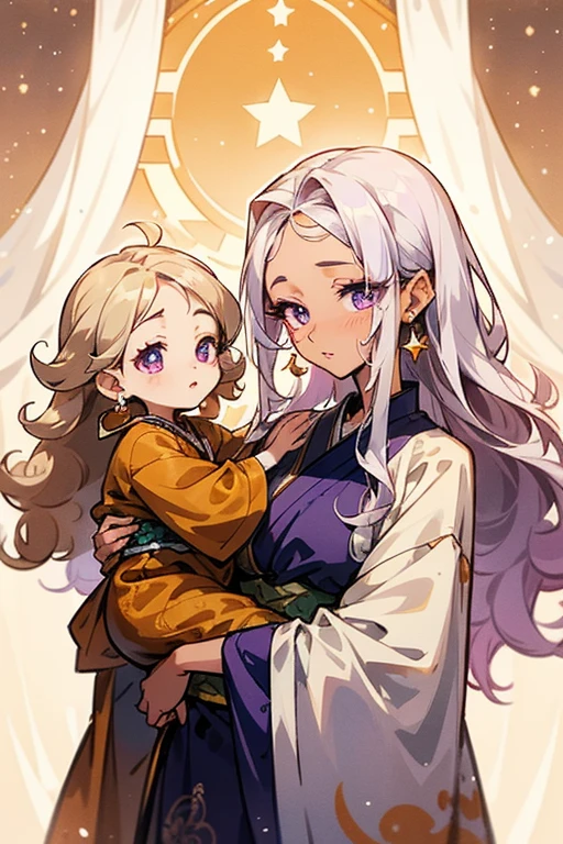 A mother hugging her child, a child on the ground on a beach on a medieval island, the two have white hair as their bodies emanate powerful magic and magical sparkles during the dark night.