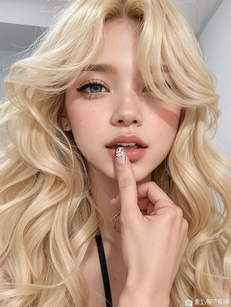 Un primer plano de una mujer con cabello rubio y un anillo en el dedo, ava max, Lalisa Manobal, retrato de kim petras, parque roseanne de blackpink, pale skin curly blonde hair, maquillaje popular de corea del sur, maquillaje coreano popular, Jinyoung Shin, ulzzang, Lalisa Manoban de Blackpink, una chica con cabello rubio