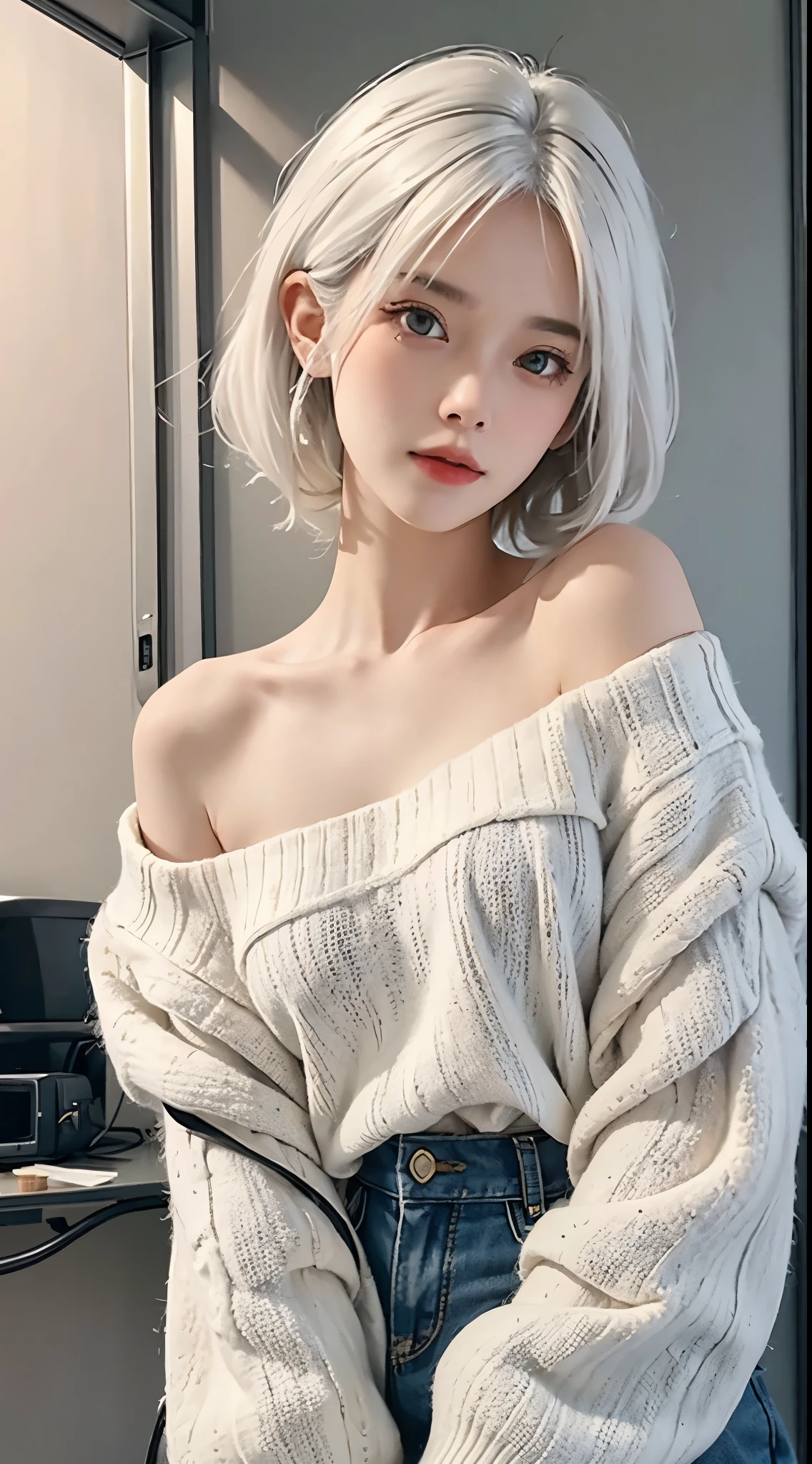 Medium Shot Shot, A beautiful woman looks at the camera, White hair, Chris Foss' off-the-shoulder sweater for autumn