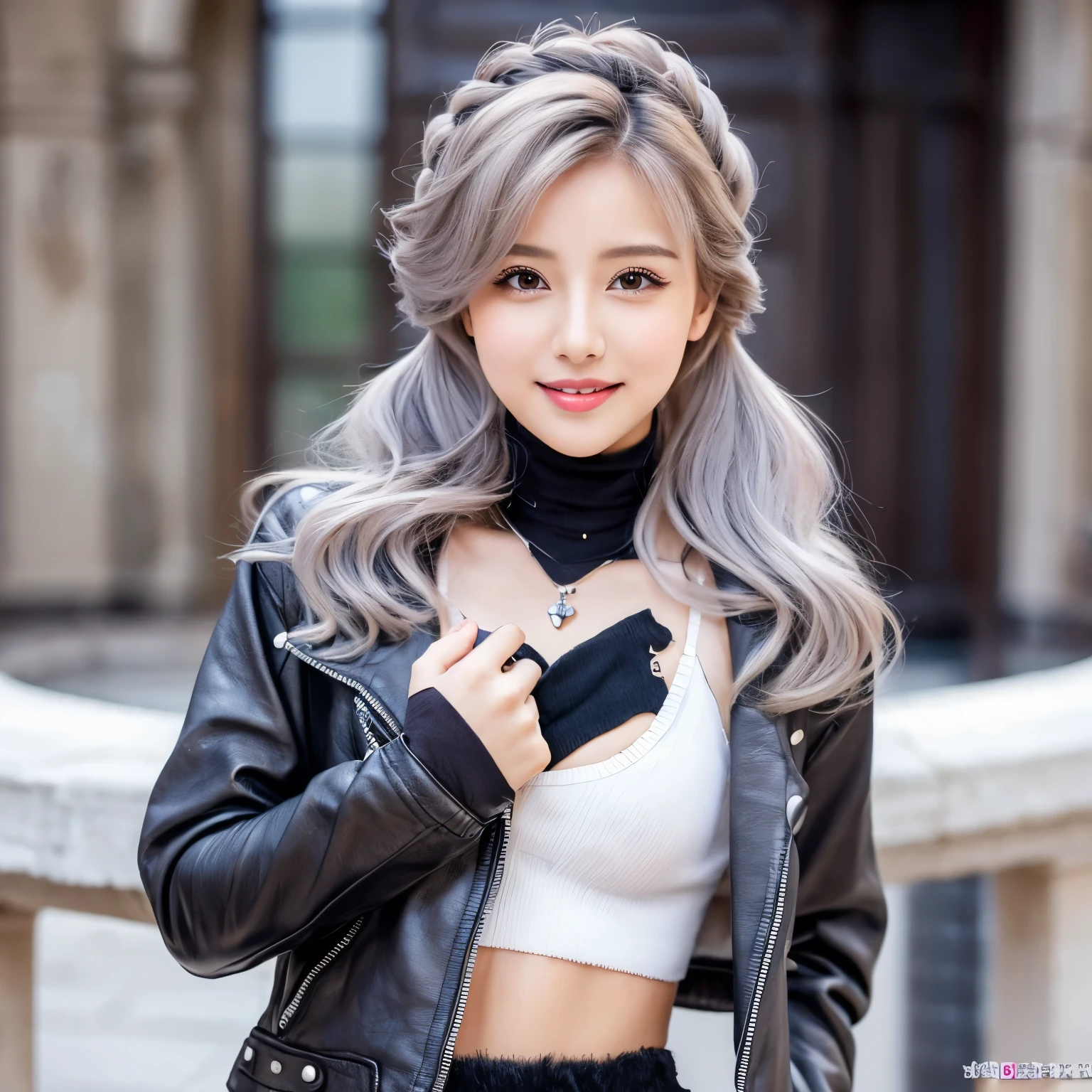 (((masterpiece))), highest quality, Super detailed, blush, Cute and playful, Huge, leather jacket, silver hair, Fluffy hairstyles, elastic chest, Eyes that strike the heart, sweet expression, belly button, Dynamic and cute poses.