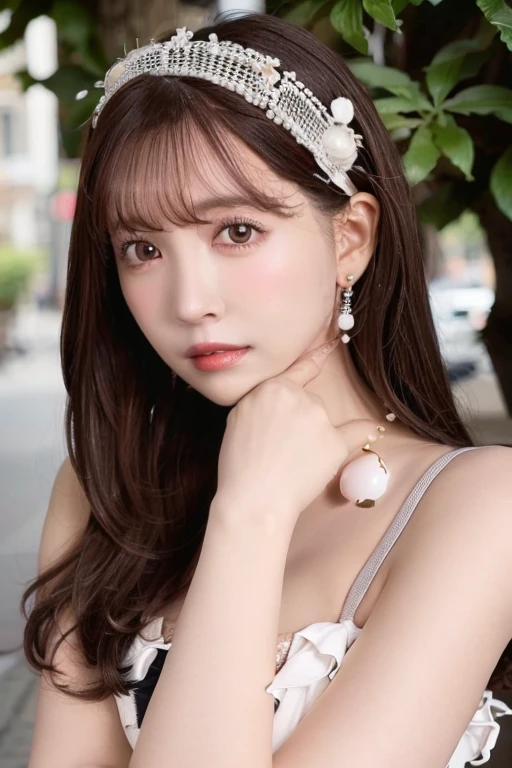 1 girl,alone,highest quality,masterpiece,shape,very delicate and beautiful,cg,8k wallpaper,wonderful,finely,delicate details,cinematic light,highest qualityのバックライト,clear lines,sharp focus,lifelike face,detailed face,very detailed,8k wallpaper,huge file size,Super detailed,High resolution,very detailed,beautiful detailed girl,realistic,full frontal,outdoor,contrast of light,jewelry,one piece,ロングone piece,Fluffy,less exposure,Don't show your skin,long hair,bangs,whole body,Day,black hair,brown eyes,clear,meeting,wave hands,Cafe
