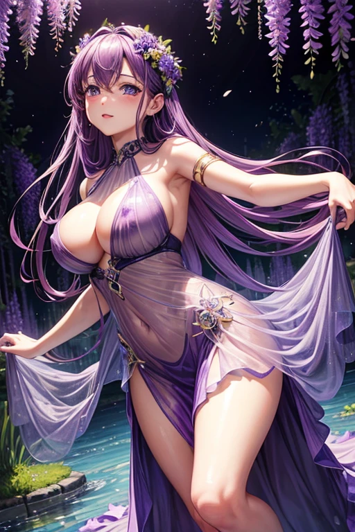 {{{{masterpiece}}}}, {{{super detailed}}}, {{{High resolution}}}, {{excellent anatomy}}, (((highest quality))), ((very delicate and beautiful)), {{very detailed and delicate}}, {8k cg wallpaper},((detailed background))One female、best style、beautiful woman、The most beautiful woman in the world、Purple flowers are blooming on the purple lake surface, soft purple glow, Purple light, (purple wisteria forest), wisteria season, art, shining purple, Purple petals are dancing everywhere、 The blossoming path to heaven, purple glow、Purple water、purple reflective water surface、purple light、(Sexy sheer dress:1.5),((big breasts))、show through、waterside and wisteria、Detailed design、beautiful design、sexy pose、Sheer skin、shape of nipple