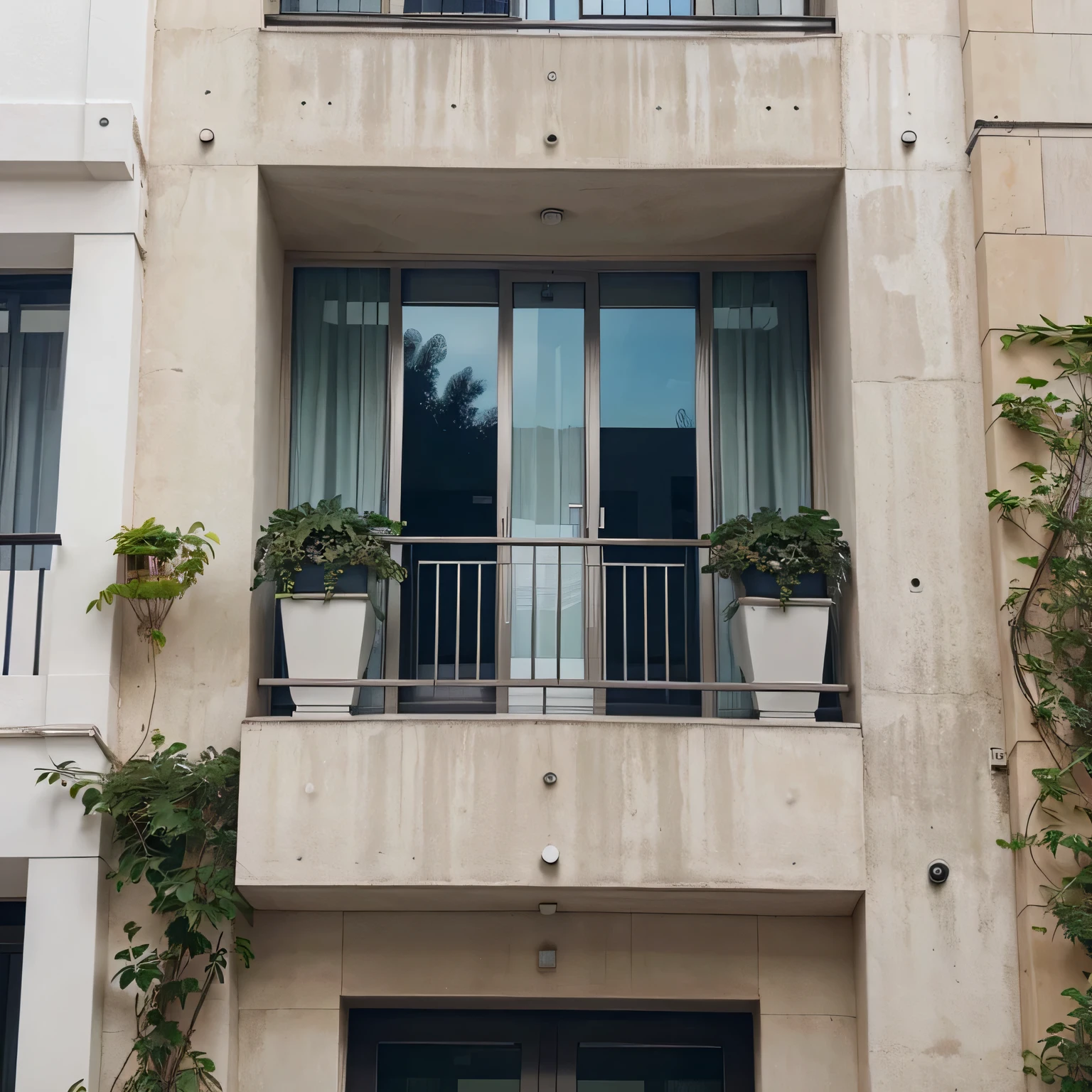 imagem frontal,plano ,ultra realistic and super modern building facade with balcony and many plants with ceramic details