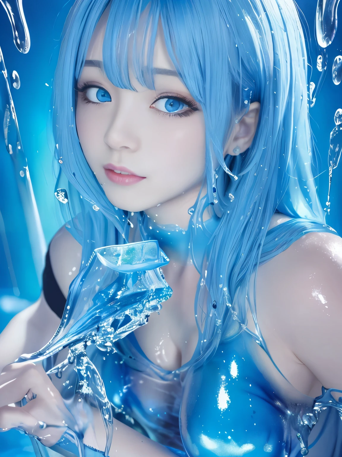 (hight resolution,masutepiece:1.2),Ultra-detailed,(Realistic:1.37), blue mucus floating around, Slime Girl,covered in blue slime, (partially transparent), (Wet with water), (blue sweat), Slimy blue liquid dripping from her body. Her hair is also covered in blue slime. blue slime scatters, Blue hair, blue eyes
