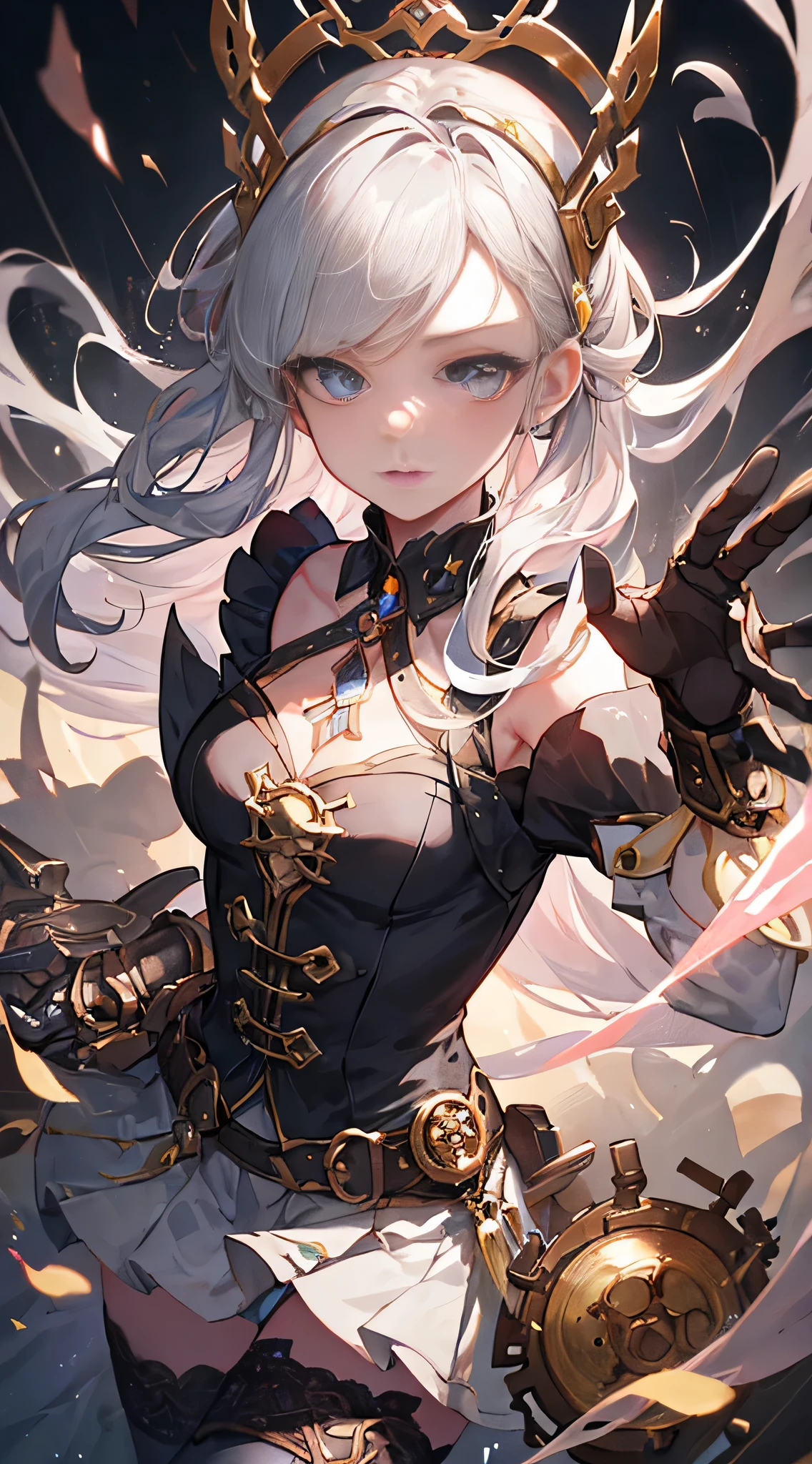 (((masterpiece, of the highest quality, super detailed))), (a female knight of an occult order), (an occult saint), (combat pose), ((((wielding a sword with a digital glitch-like blade as though it is rapidly flickering in and out of reality, with a very slight warping effect around it similar to gravitational lensing, is floating next to her)))), Edwardian/Victorian era inspired, ((minimal but intricate beautiful armour)), Fluttering lace flared dress with frilly petticoats, ((((Highly detailed face))), (((Very sharp focused eyes))), very long eyelashes, small breasts, (((flat chest:1.1))), occult aesthetic, (red and white clothing detailed and intricate steampunk and detailed gothic), (with a hood), complex lace boots