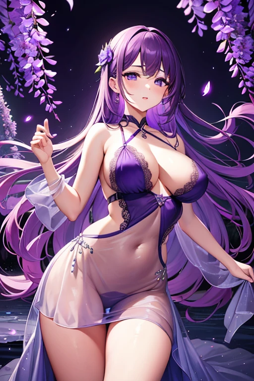 {{{{masterpiece}}}}, {{{super detailed}}}, {{{High resolution}}}, {{excellent anatomy}}, (((highest quality))), ((very delicate and beautiful)), {{very detailed and delicate}}, {8k cg wallpaper},((detailed background))One female、best style、beautiful woman、The most beautiful woman in the world、Purple flowers are blooming on the purple lake surface, soft purple glow, Purple light, (purple wisteria forest), wisteria season, art, shining purple, Purple petals are dancing everywhere、 The blossoming path to heaven, purple glow、Purple water、purple reflective water surface、purple light、(Sexy sheer dress:1.5),((big breasts))、show through、waterside and wisteria、Detailed design、beautiful design、sexy pose、Sheer skin、shape of nipple