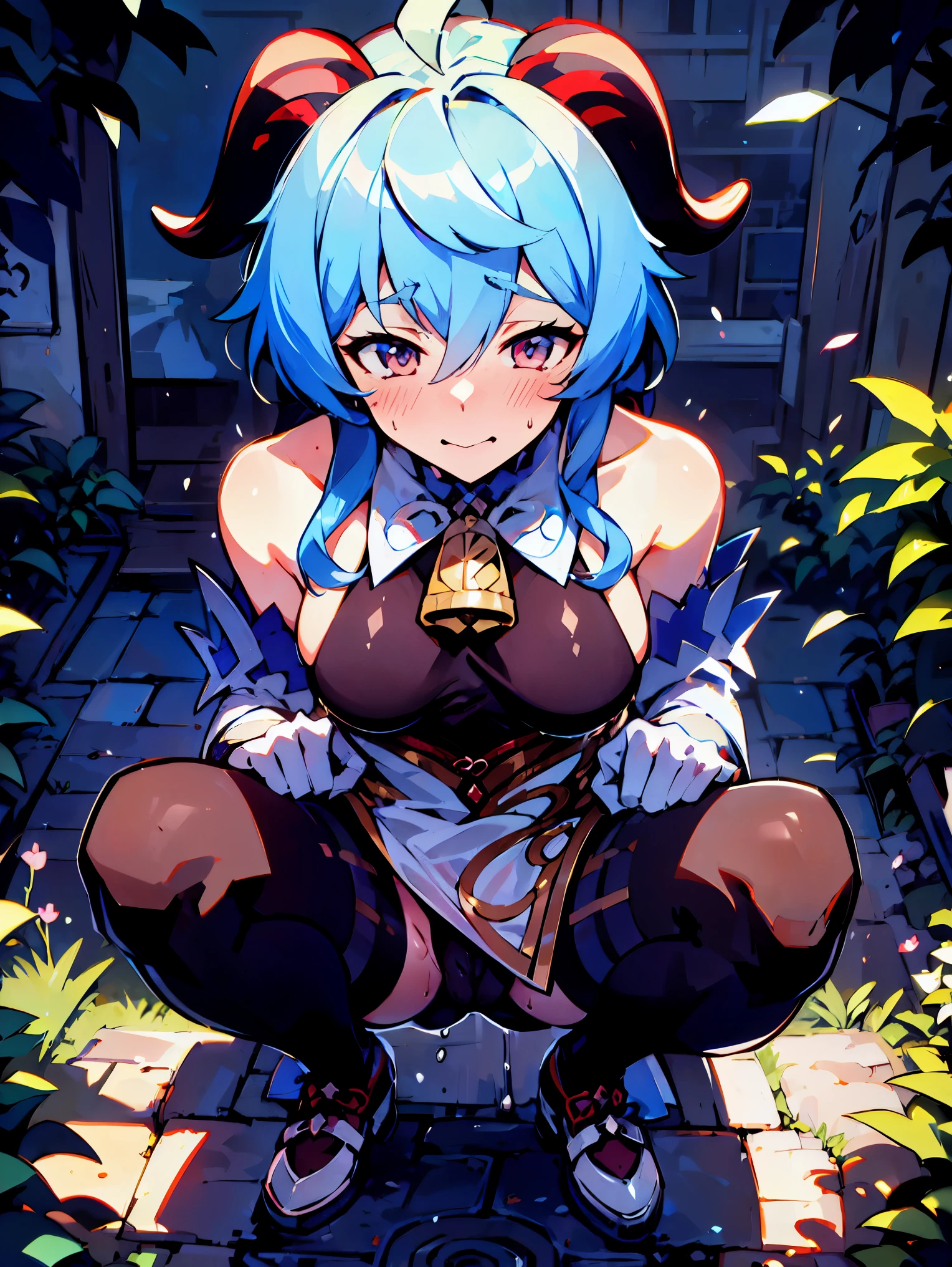 muste piece, best quality, anime images, anime style etc., ganyu \(genshin impact\), view from above, The limit of patience,1 girl, Twin horn, ticker,Fit Figure, Pussy visible , blush,colorful pastel fantasy,sexy pose,super detailed background,high quality scenery,sweaty,(A pose in which the crotch is pushed forward while squatting),(puddle),shy,Hide your eyes with both hands,shy