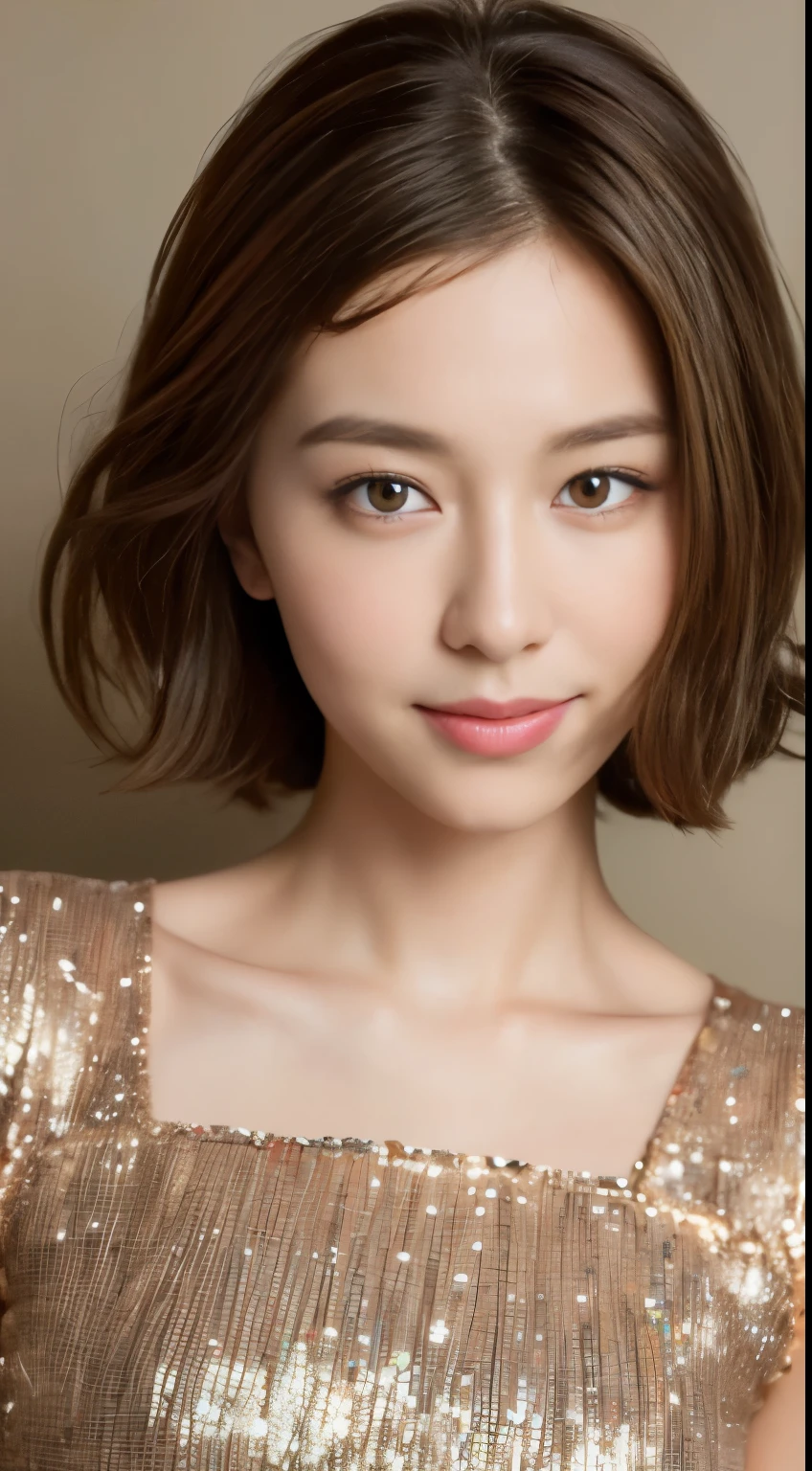 ((highest quality, 8K, masterpiece: 1.3)), 1 girl, The beauty of slim abs: 1.3, (Hairstyle Brown Hair Shortcuts, big: 1.2), dress: 1.1, super slender face, delicate eyes, double eyelid, smile, Home, RAW photo