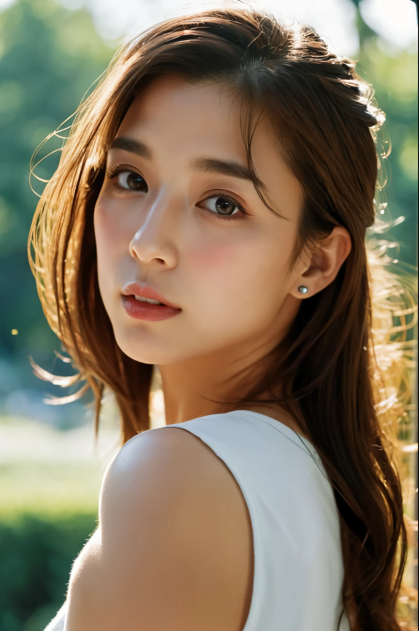 movie, film portrait photography, 1 girl, bare shoulders, wavy shoulder-length hair, calm, Calm, (realistic detailed eyes, natural skin texture, realistic facial details), soft and dramatic lighting, Depth of bounds written, Bokeh, vivid details, in detail, surreal, 35mm film, hazy blur