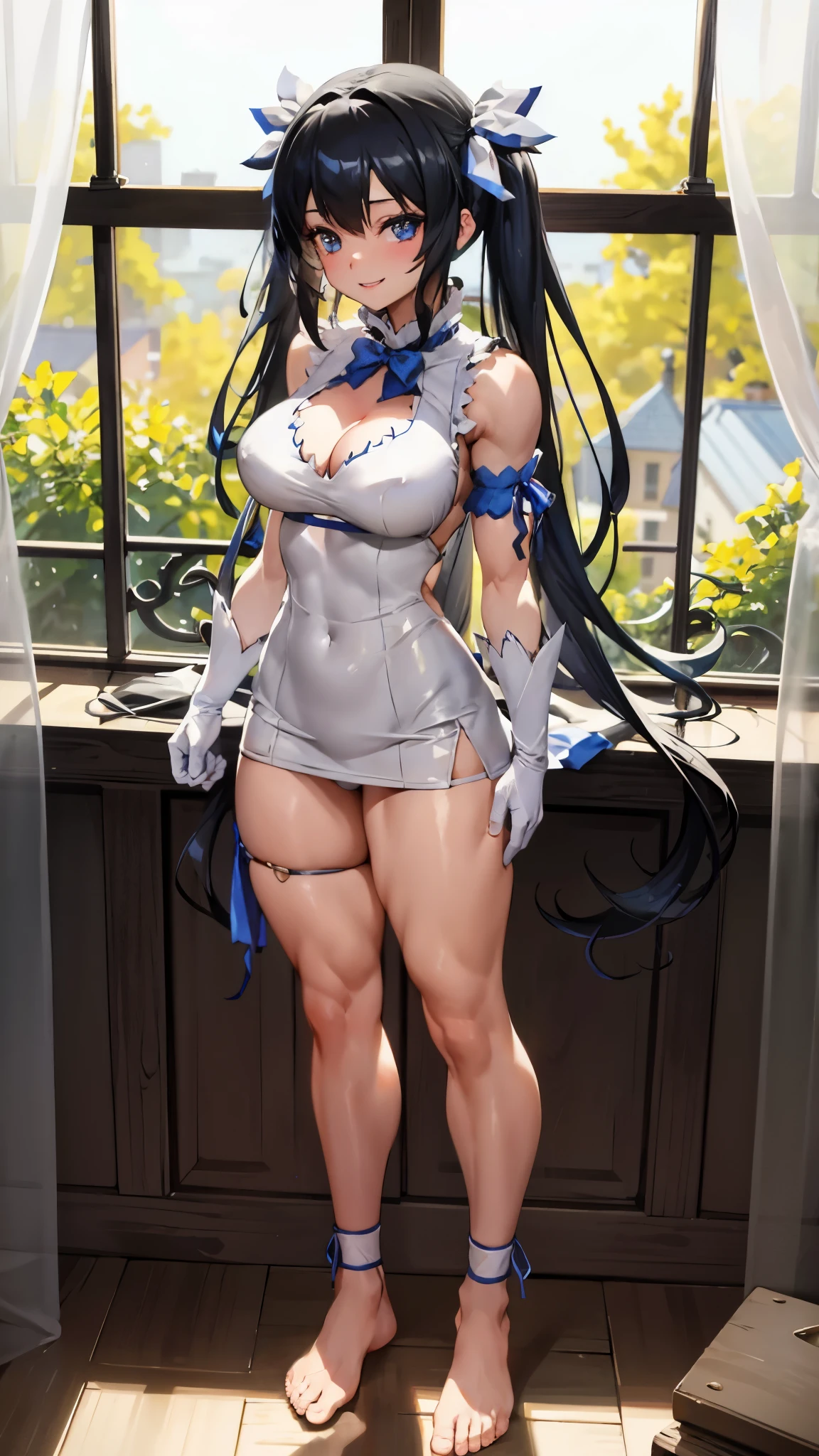 (artwork, best quality, extremely detailed CG, beautiful detailed eyes, ultra-detailed, {{{in the motel room}}}, intricate details: 1,2), 8k wallpaper, elaborate assets, (1 girl , Alone: ​​1.4), standing, (anime style textures), Very high resolution, (vibrant colors, dynamic lighting: 1.0), (high contrast: 0.8), cookie (Danmachi), , Long hair, blue ribbon , (twintails), gloves, ribbon, dress, king no, lust, , blue eyes, black hair, (slim), white gloves, cleavage, white dress, hair ribbon, bow, sleeves, sleeves dress, bangs, cleavage cropped, hair ornament, bow tie, cut-out clothes, very Long hair, level dressing, arm ribbon, (whole body: 1.1), smile, cute, muscular legs, muscular belly, pants, standing, barefoot