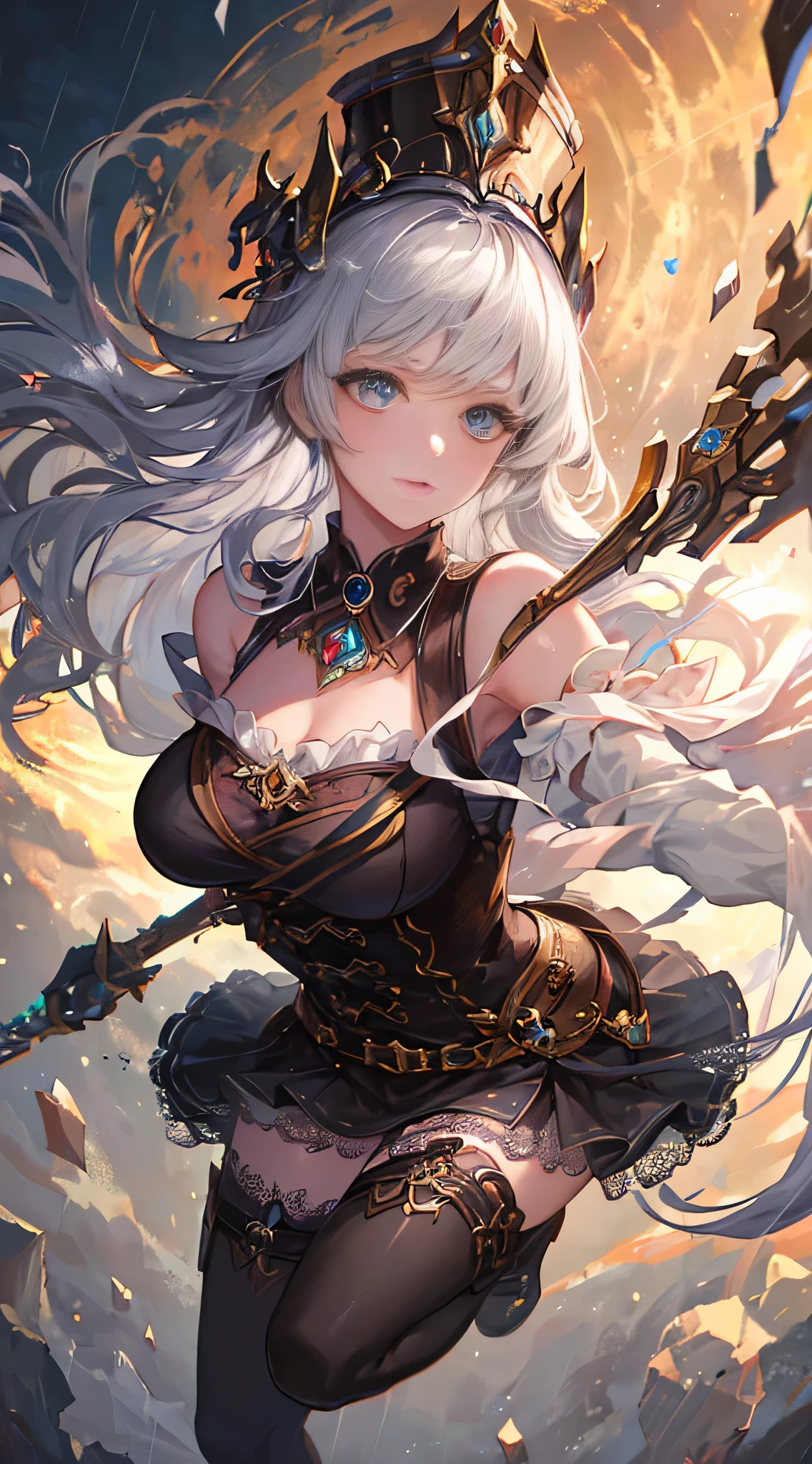 Wizard Girl. (((masterpiece, highest quality, Super detailed))), (((A dramatic leap in overall accuracy, creating Super detailed and realistic images))), (((highly detailed face))), (((The ultra-realistic photos are a fusion of the world's finest masterpieces))), woman, 14 years old, Very large slit precision pale grey eyes that shine like jewels, long eyelashes, thin nose, small mouth, light pink lips, natural makeup, pink blush. The beautiful half-body image of Tomb Raider is expressed with impressive contrast., Enhance visual impact. Creates a realistic yet fantastical atmosphere, Draw viewers into a captivating visual experience. (((masterpiece, highest quality, RAW photo, realistic, Depth of bounds written, Super detailed, detailed face, Very accurate eyes))), dynamic action pose, Invoke the magic, Mechanical Magic Weapons, very thin long legs, Knee Lace Stockings, Steampunk headgear, Fluttering lace flare mini skirt, Off-the-shoulder fashion that fuses dense and complex steampunk with dense gothic lolita, beautiful small breasts directed upwards, Pretty long silver hair, Long vertical curly hair, Wind power drive, Futuristic and complex steampunk factory background, The Infinite Dark Universe, Flying celestial objects, Countless celestial neon lights pouring down from the heavens, Cinematic lighting decoration.