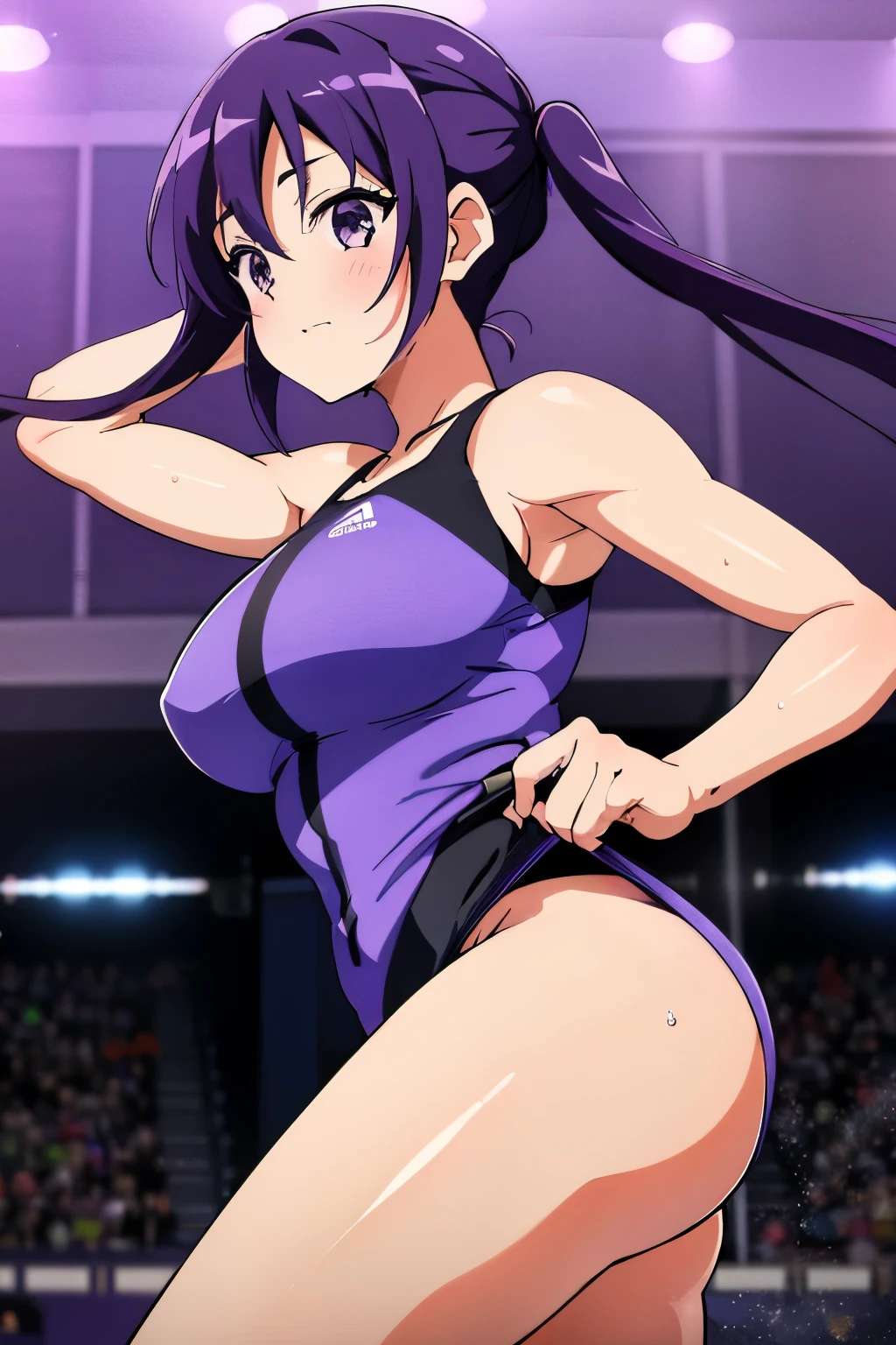 ((Highest quality)), (masterpiece), purple hair, long hair, twin tails, Purple eyes, bangs, blush, hair between eyebrows, happy face, large breasts, (wet), acrobatic pose, marathon ware, athletic field, track and field, side angle