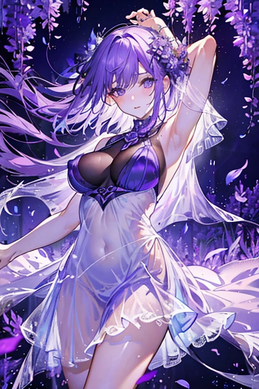 {{{{masterpiece}}}}, {{{super detailed}}}, {{{High resolution}}}, {{excellent anatomy}}, (((highest quality))), ((very delicate and beautiful)), {{very detailed and delicate}}, {8k cg wallpaper},((detailed background))One female、best style、beautiful woman、The most beautiful woman in the world、Purple flowers are blooming on the purple lake surface, soft purple glow, Purple light, (purple wisteria forest), wisteria season, art, shining purple, Purple petals are dancing everywhere、 The blossoming path to heaven, purple glow、Purple water、purple reflective water surface、purple light、(Sexy sheer dress:1.5),((big breasts))、show through、waterside and wisteria、Detailed design、beautiful design、sexy pose、Sheer skin、shape of nipple