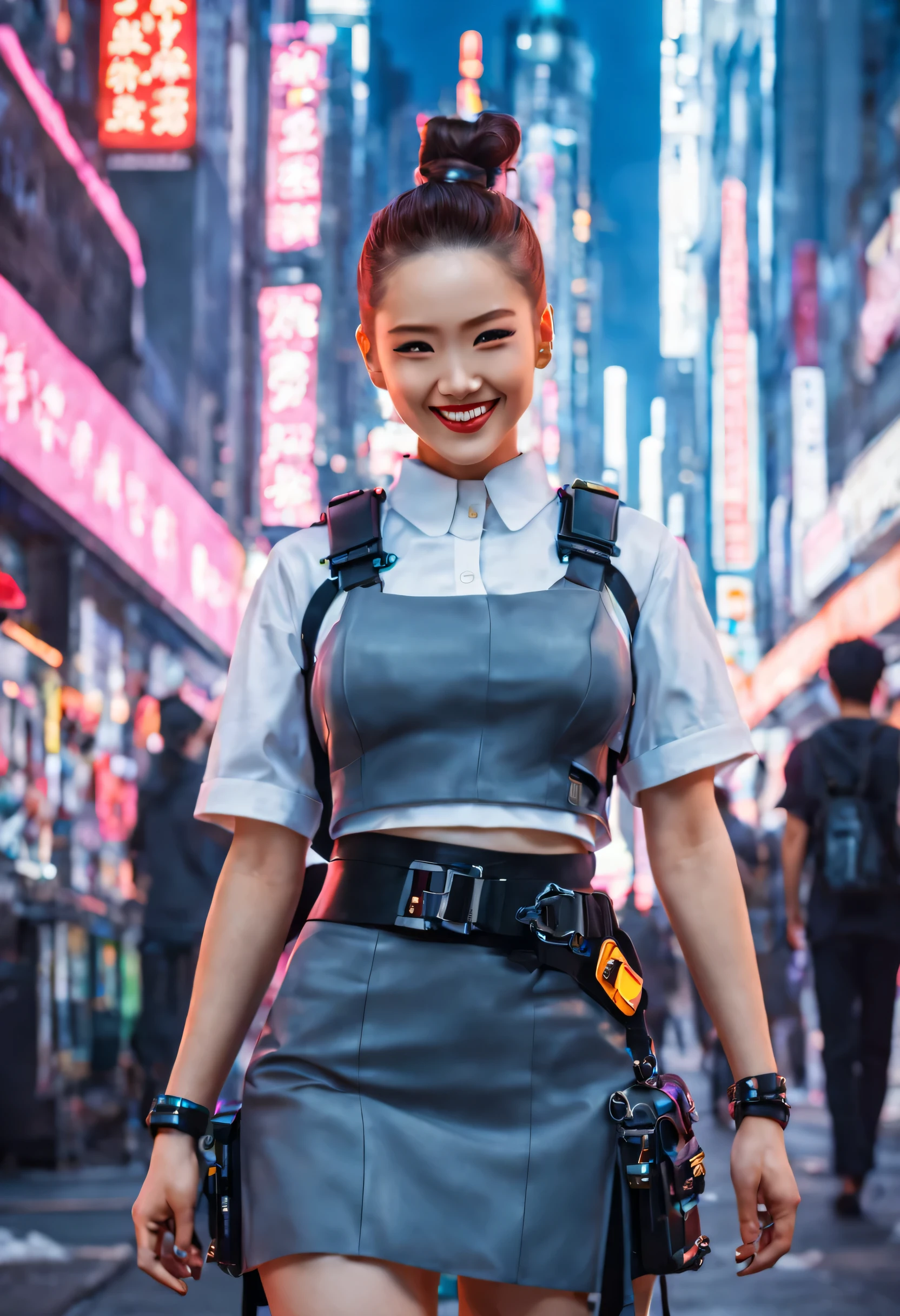 masterpiece, best quality, ((smiling)) cyberpunk girls standing, having grey and grey uniform and black long skirt, Harajuku-inspired cyberpunk body harness, bold colors and patterns, eye-catching accessories, trendy and innovative hairstyle with baroque influence, dazzling Cyberpunk cityscape, skyscrapers, glowing neon signs, LED lights, anime illustration, detailed skin texture, detailed cloth texture, beautiful detailed face, intricate details, ultra detailed, cinematic lighting, strong contrast.