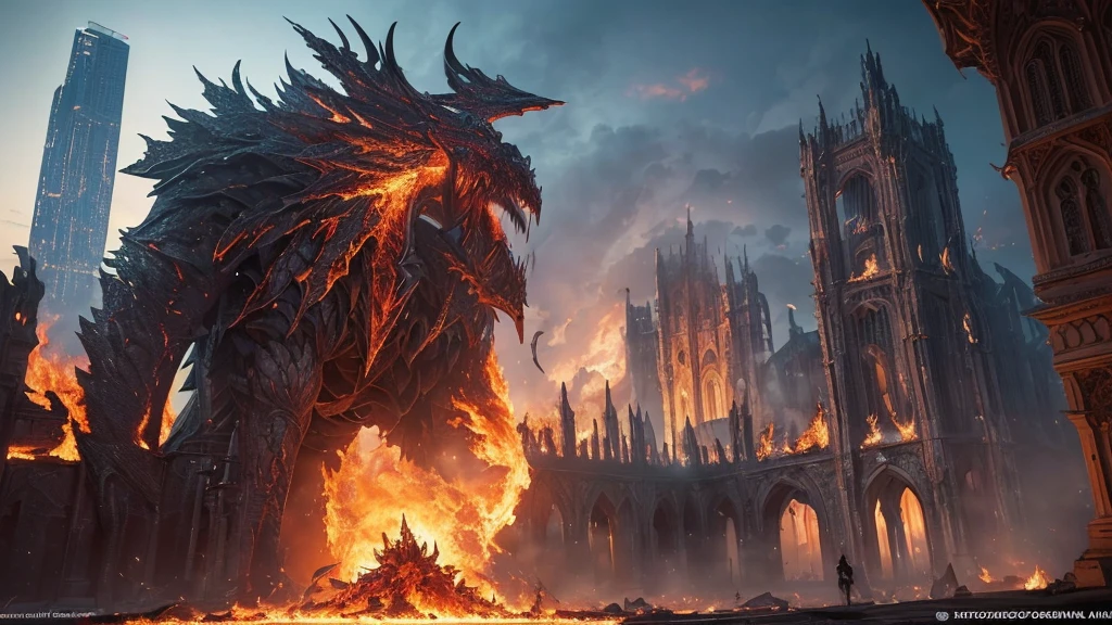 (in 8K, RAW Photos, top-quality, masterpiece:1.2), (realisitic, Photorealsitic:1.37), ultra-detailliert, high resolution, Huge Monster and sexy sorceress, building crumbling, Burning flame, stunningly beautiful face, dynamic ungle