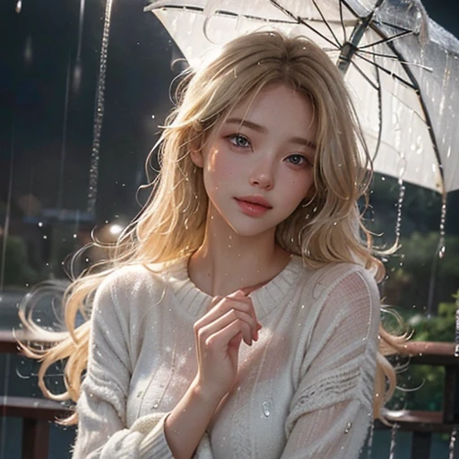 A woman lies leisurely on the ground, basking in the drizzling rain atmosphere, her open crop sweater allowing the raindrops to reach her skin. Her sweet smile illuminates her face, accentuating the peaceful moment. The raindrops dance on her lightly tanned skin, highlighting the intricacies of her pores and giving her an ethereal glow. Her eyes, sparkling with joy, gaze up into the rain-splattered sky, capturing the tranquility of the scene. Her long blonde hair, slightly matted from the rain, frames her delicate features. She appears lost in the moment, enjoying the sensations of the rain on her skin and the gentle sound