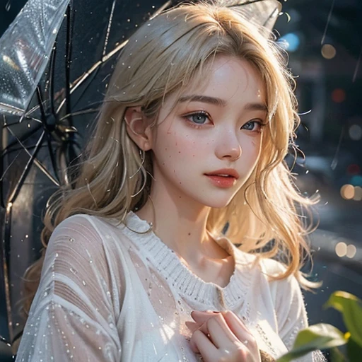 A woman lies leisurely on the ground, basking in the drizzling rain atmosphere, her open crop sweater allowing the raindrops to reach her skin. Her sweet smile illuminates her face, accentuating the peaceful moment. The raindrops dance on her lightly tanned skin, highlighting the intricacies of her pores and giving her an ethereal glow. Her eyes, sparkling with joy, gaze up into the rain-splattered sky, capturing the tranquility of the scene. Her long blonde hair, slightly matted from the rain, frames her delicate features. She appears lost in the moment, enjoying the sensations of the rain on her skin and the gentle sound