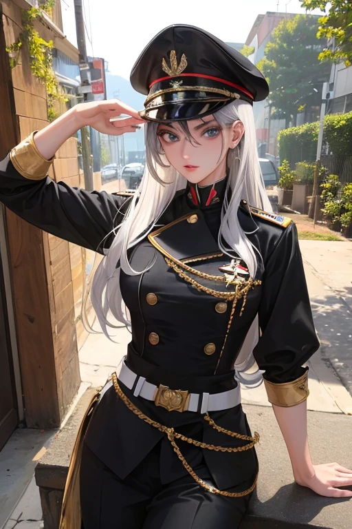 (highest resolution, distinct_image) melhor qualidade, mulher, obra-prima, alto detalhe, semi-realista, cabelo curto preto, cabelo preto, franja, 21 anos, maduro, jovem, roupas pretas, uniforme preto, black cap, military school beauty Heroic and heroic inner background exquisite and exquisite facial features,voluptuosa,sensual