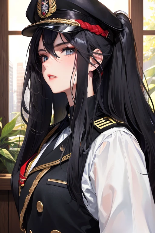 (highest resolution, distinct_image) melhor qualidade, mulher, obra-prima, alto detalhe, semi-realista, cabelo curto preto, cabelo preto, franja, 21 anos, maduro, jovem, roupas pretas, uniforme preto, black cap, military school beauty Heroic and heroic inner background exquisite and exquisite facial features,voluptuosa,sensual