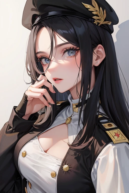 (highest resolution, distinct_image) melhor qualidade, mulher, obra-prima, alto detalhe, semi-realista, cabelo curto preto, cabelo preto, franja, 21 anos, maduro, jovem, roupas pretas, uniforme preto, black cap, military school beauty Heroic and heroic inner background exquisite and exquisite facial features,voluptuosa,sensual